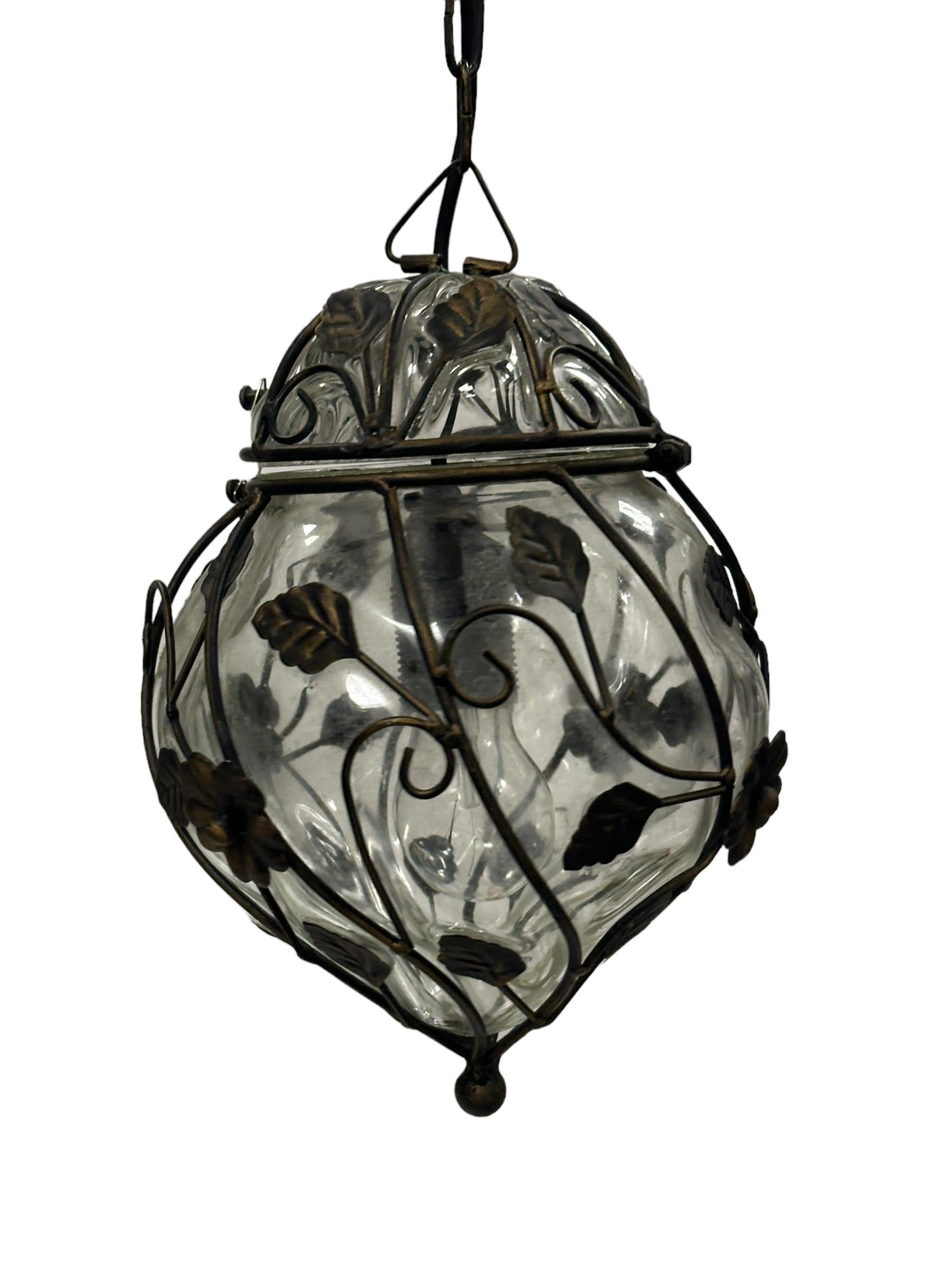 Italian Petite Murano Caged Glass Pendant Light, 1960s Italy vintage For Sale