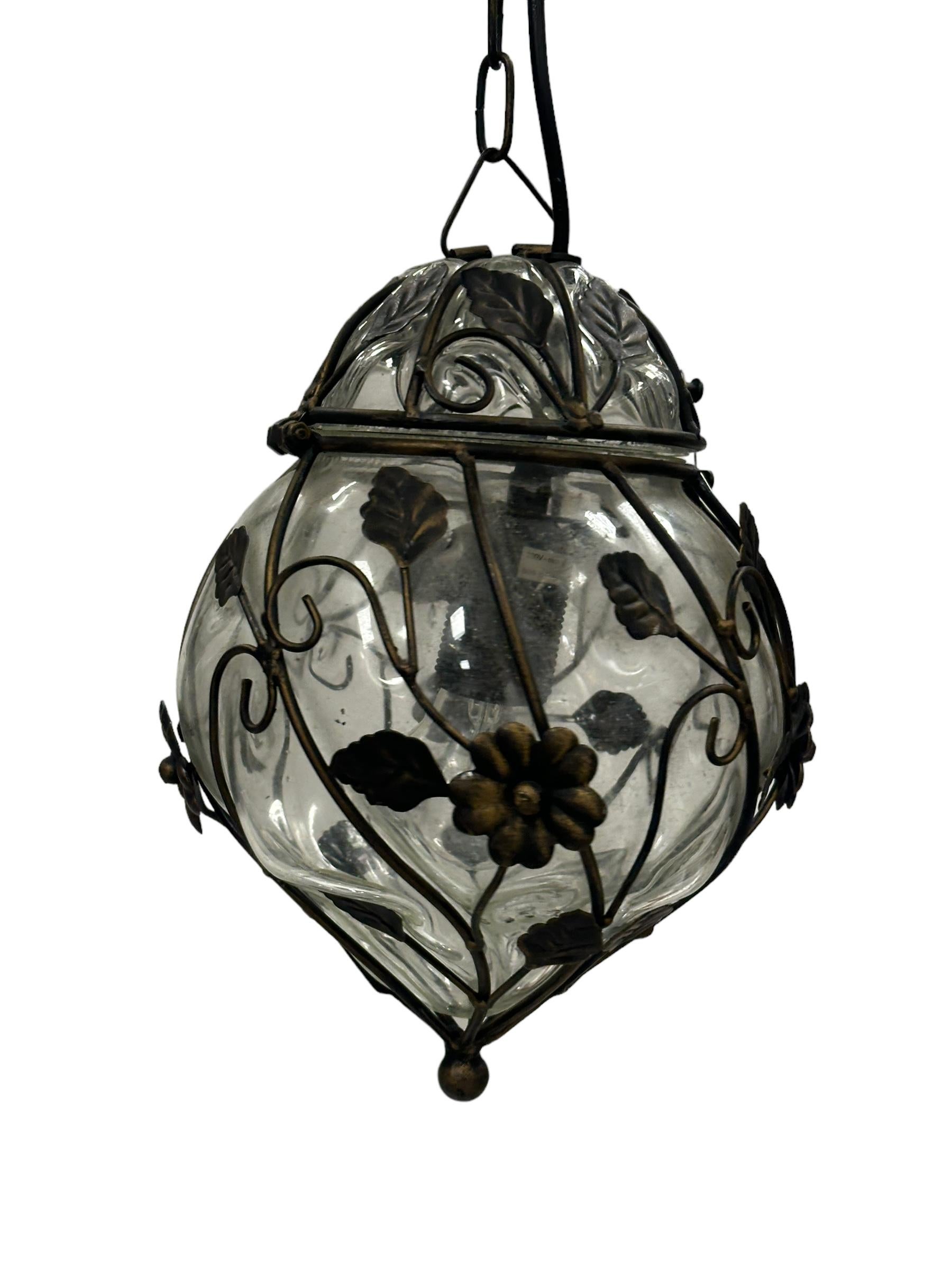 Metal Petite Murano Caged Glass Pendant Light, 1960s Italy vintage For Sale