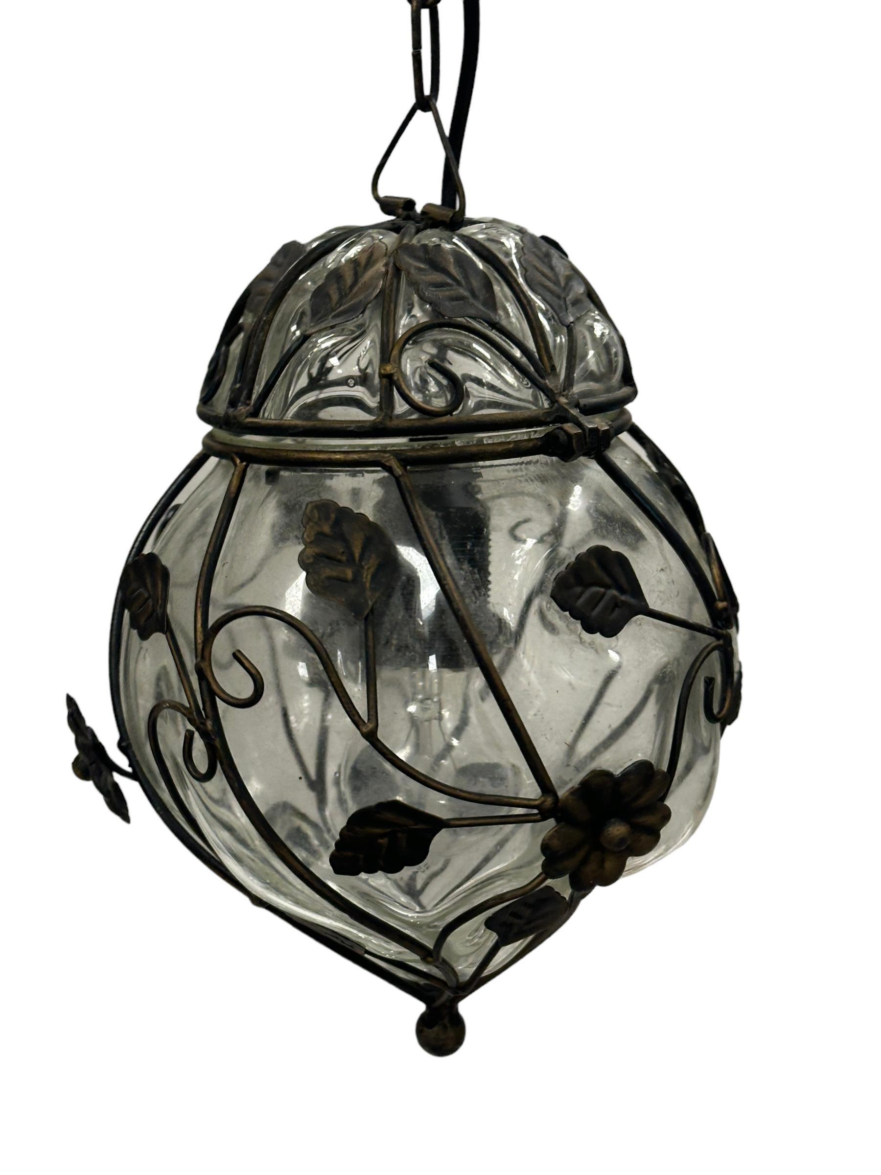 Petite Murano Caged Glass Pendant Light, 1960s Italy vintage For Sale 2