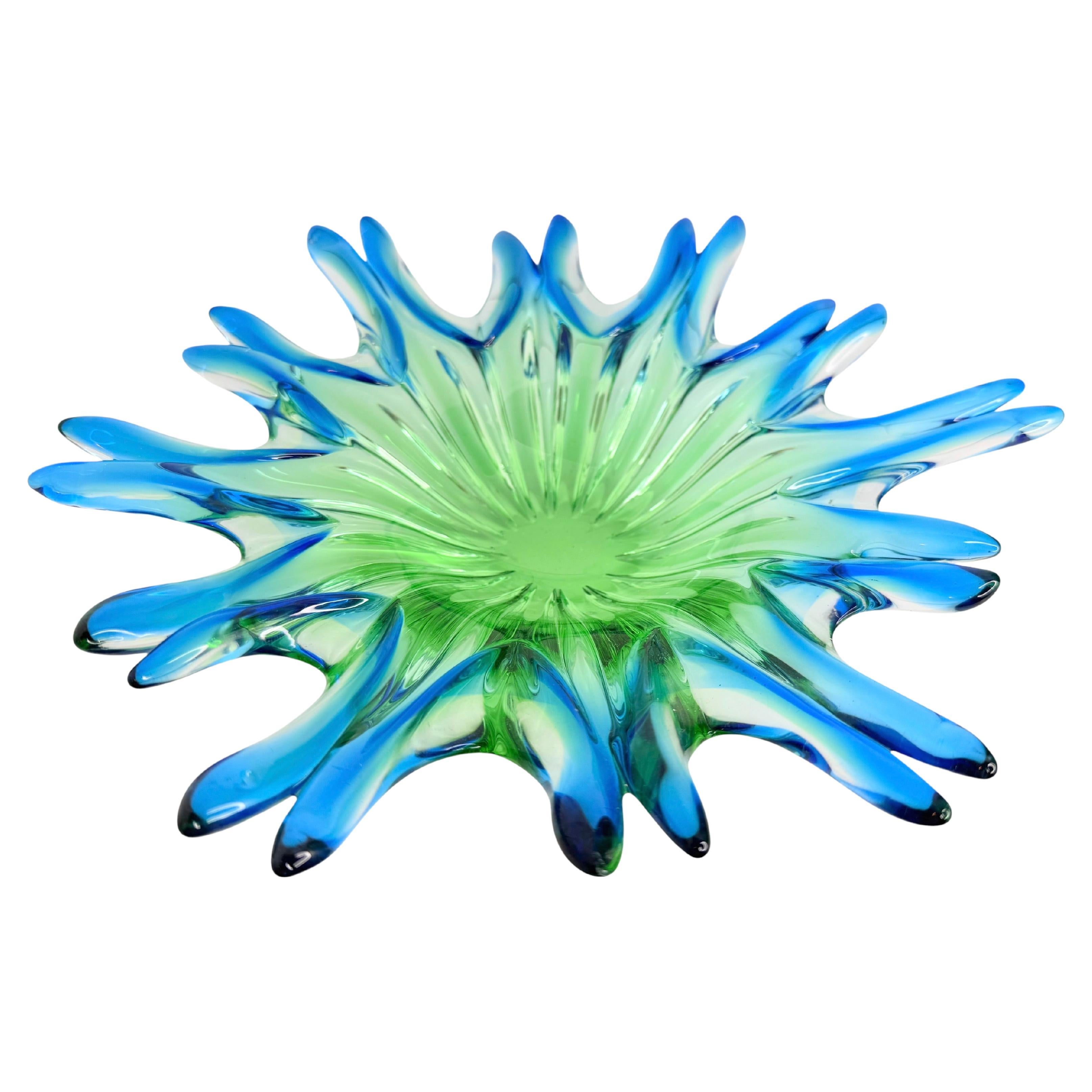 Petite Murano Glass Fruit Bowl Catchall, Blue Green Clear, Vintage, Italy, 1970s