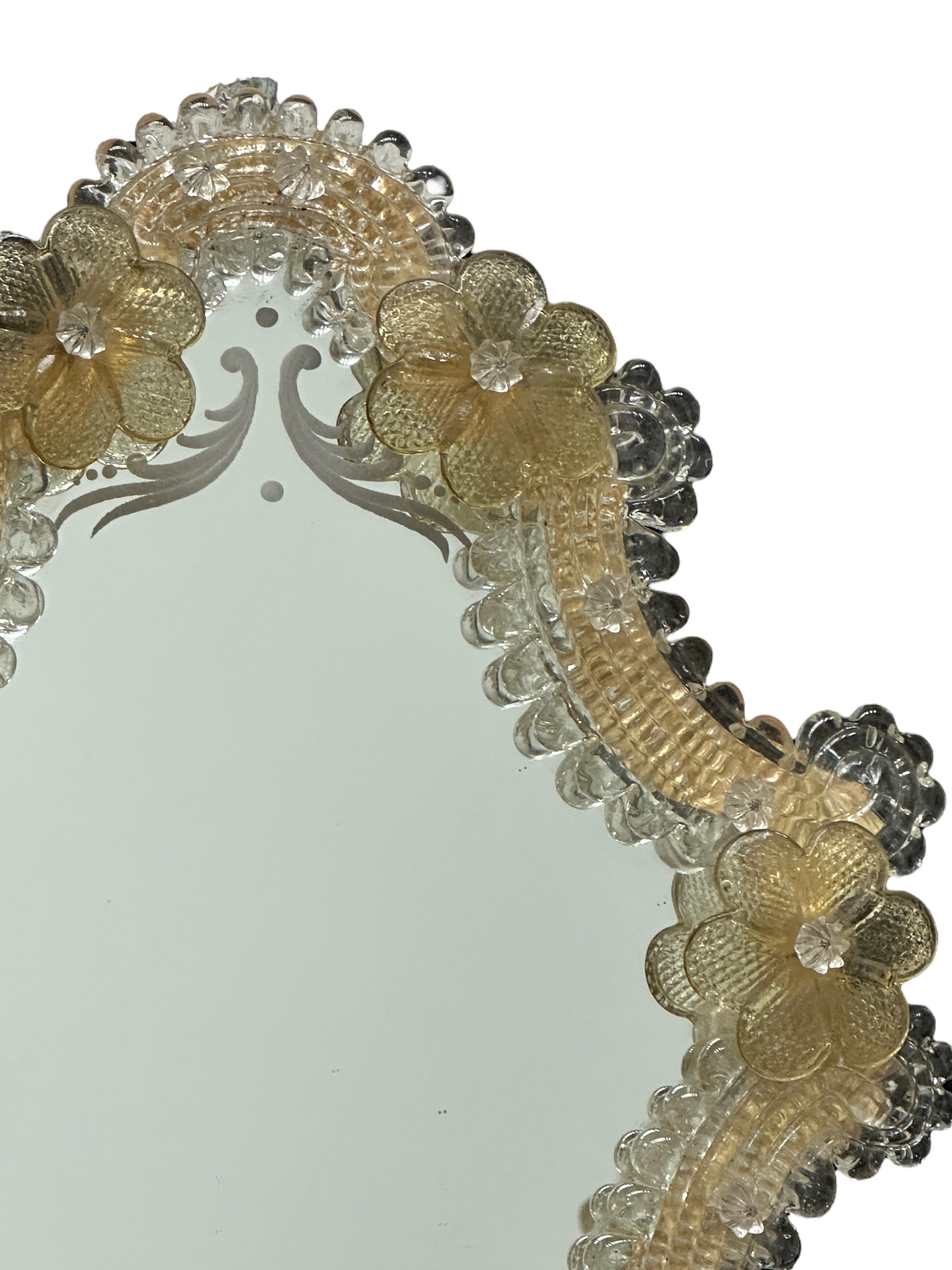 Hollywood Regency Petite Murano Glass Vanity Wall Mirror with Flowers 1960s, Italy Venetian Venice