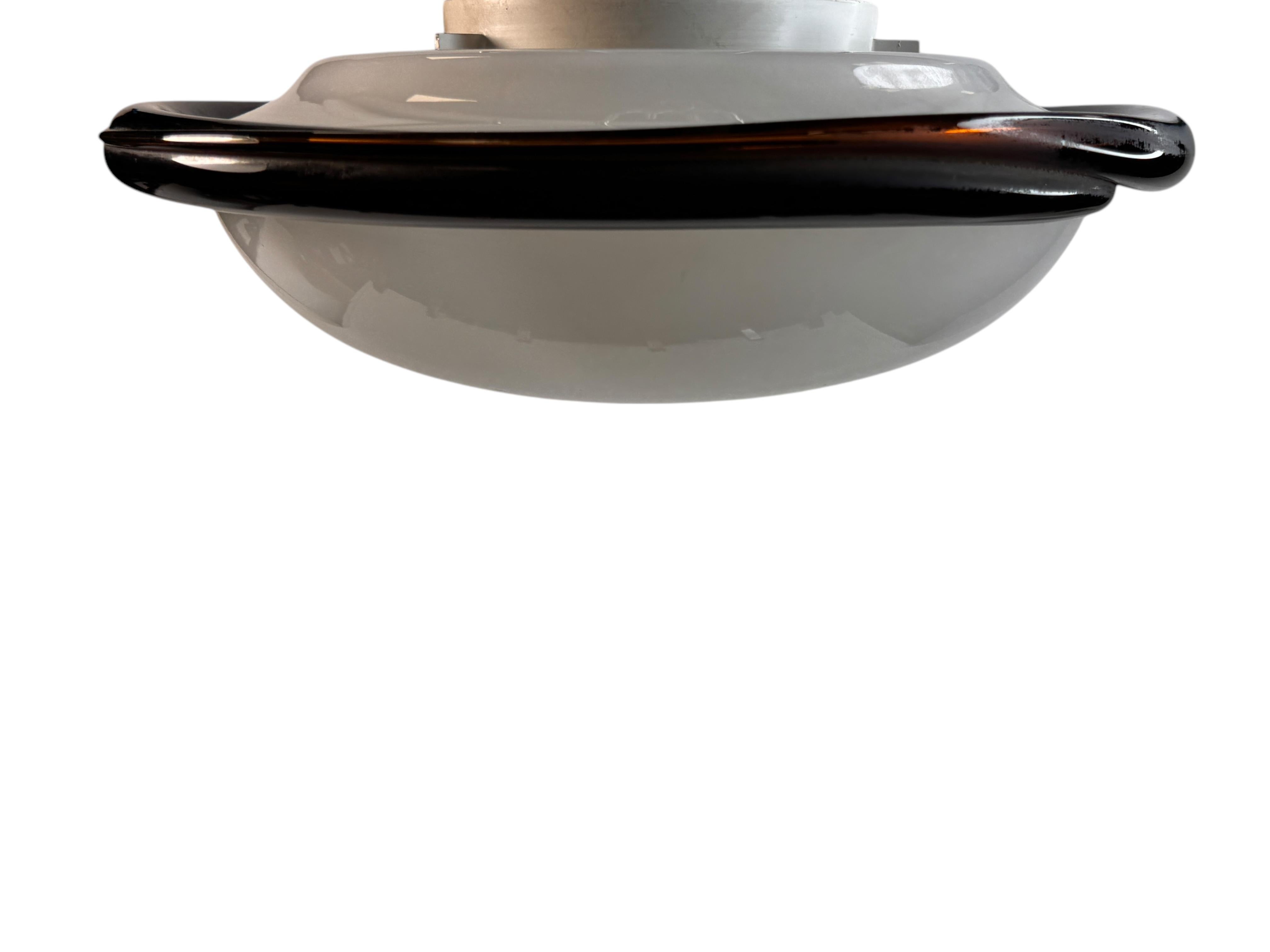 Mid-Century moderno Petite Murano Opaline Glass & Brown Stripe Flush Mount Made by ITRE Italy 1980s in vendita