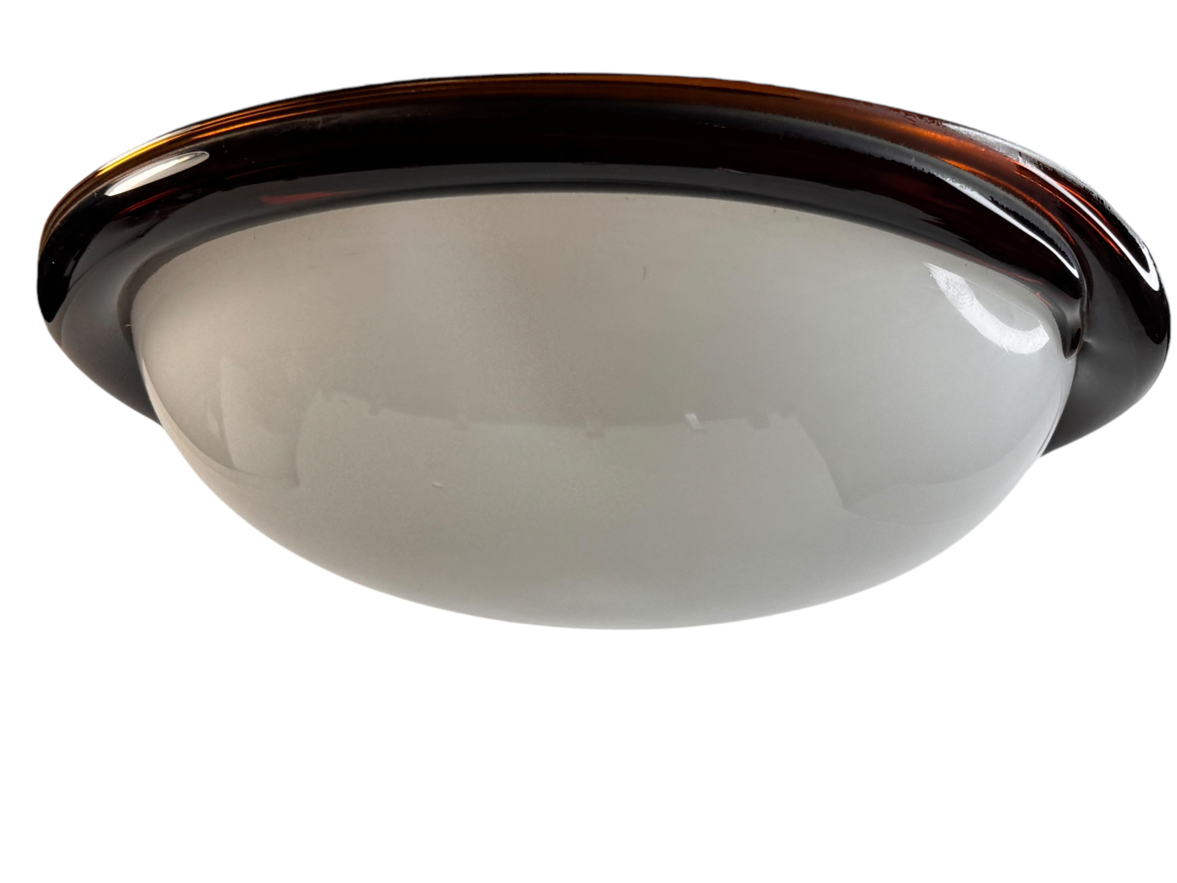 Italiano Petite Murano Opaline Glass & Brown Stripe Flush Mount Made by ITRE Italy 1980s in vendita