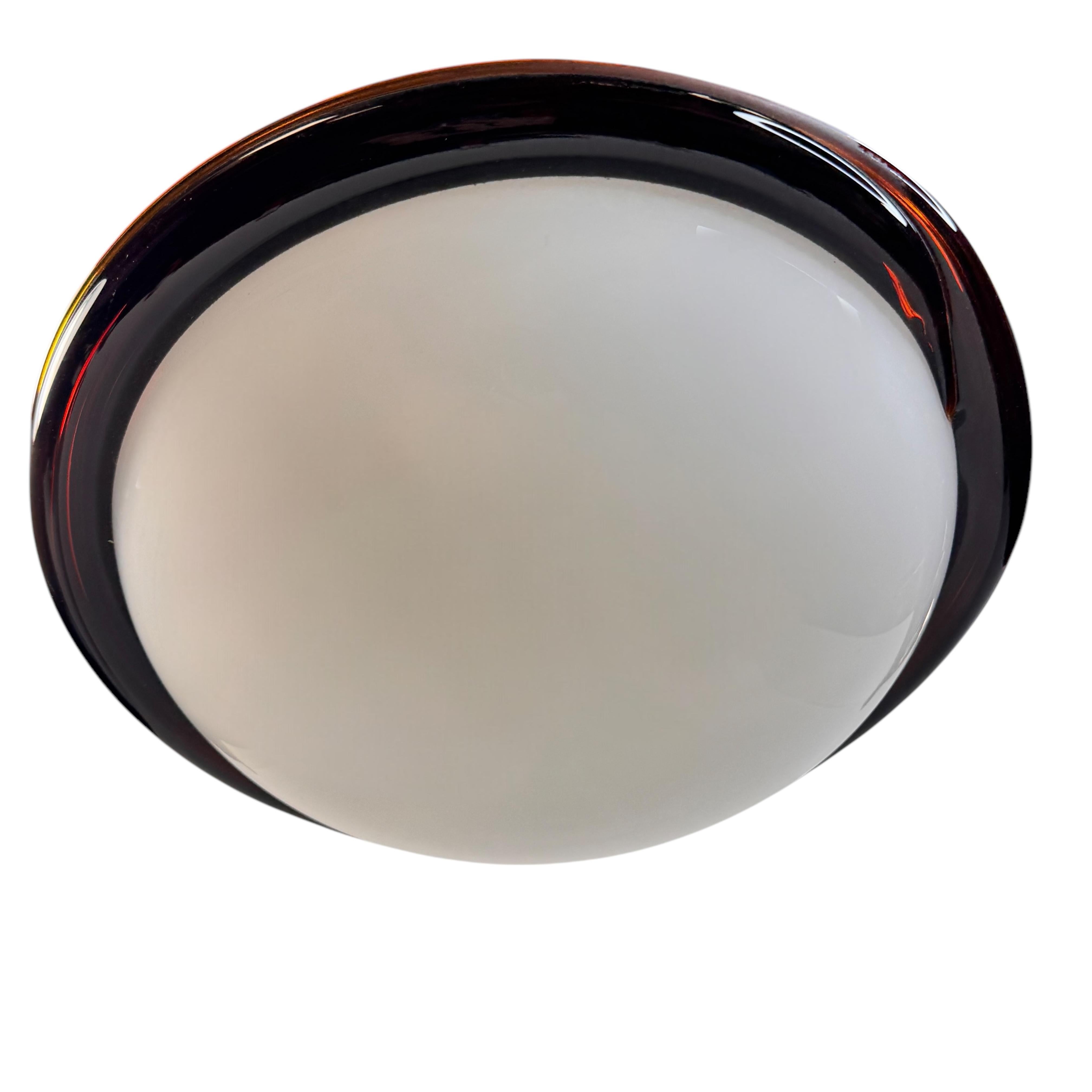 Late 20th Century Petite Murano Opaline Glass & Brown Stripe Flush Mount Made by Itre Italy 1980s For Sale