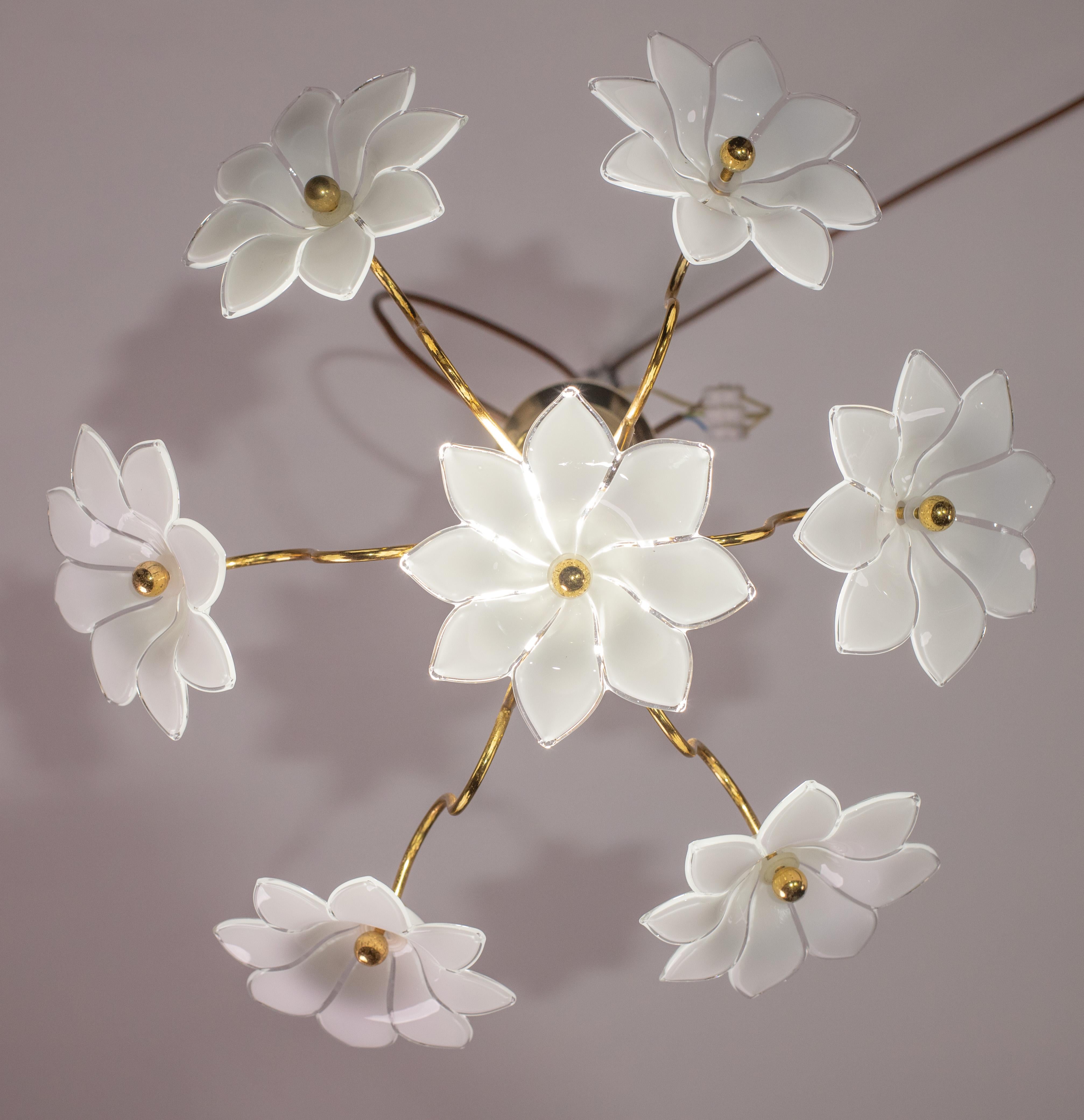 European Petite Murano Vintage Chandelier White Flowers, 1970 For Sale