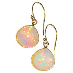 Petite Natural Crystal Opal Heart Shape Bezel 18k Solid Yellow Gold Earrings