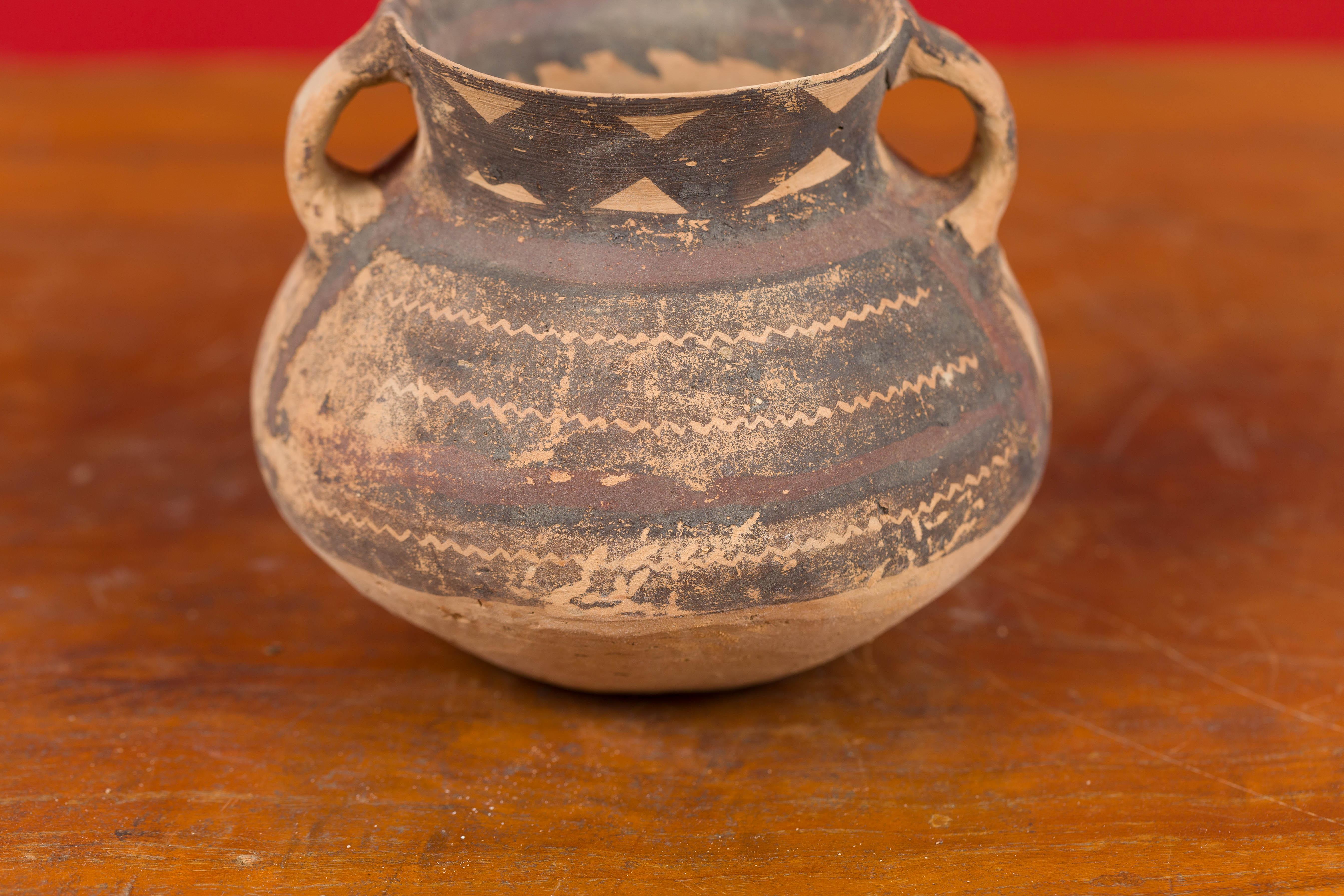 Chinese Petite Neolithic Terracotta Pot with Brown Geometric Décor and Flaring Neck For Sale