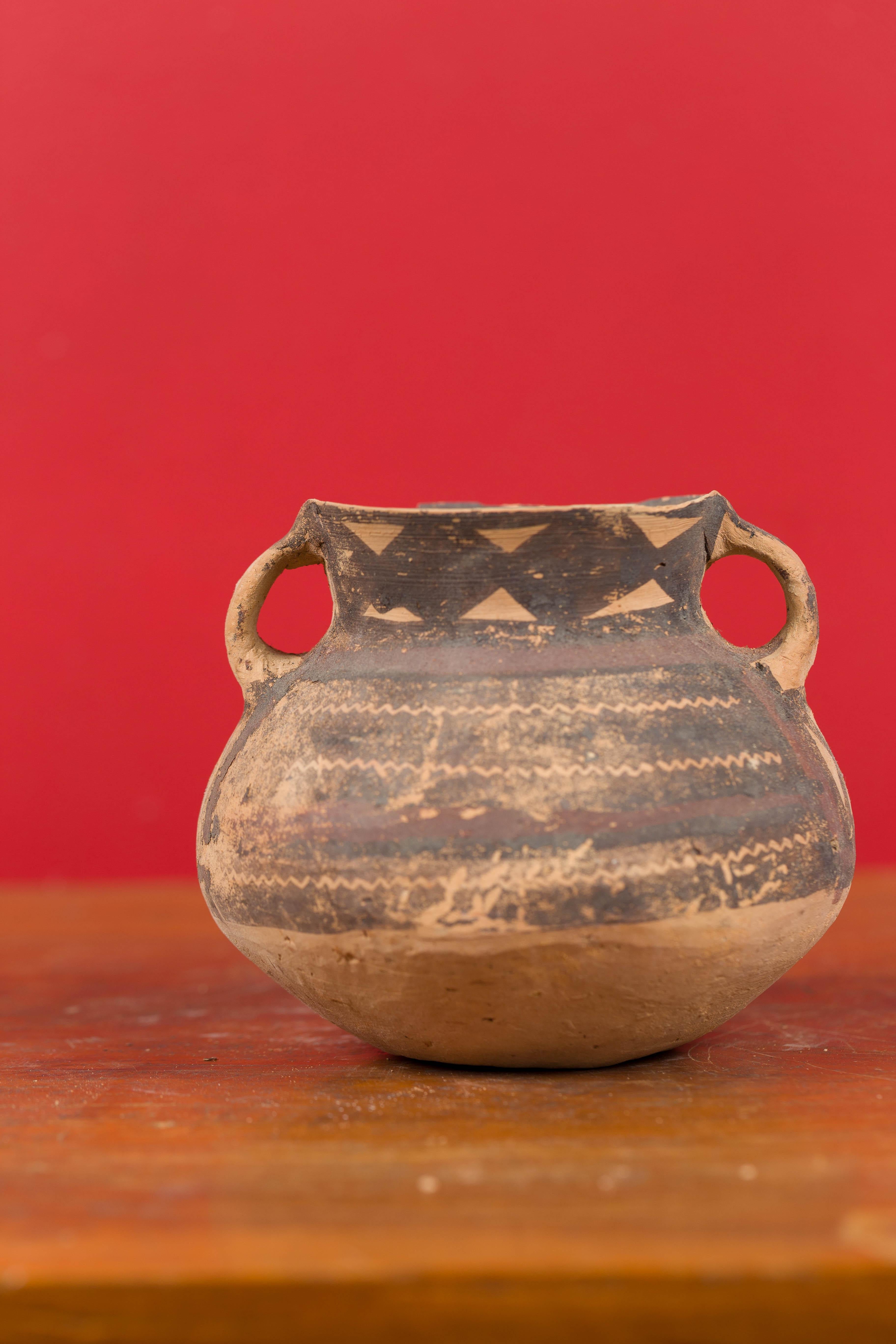 18th Century and Earlier Petite Neolithic Terracotta Pot with Brown Geometric Décor and Flaring Neck For Sale