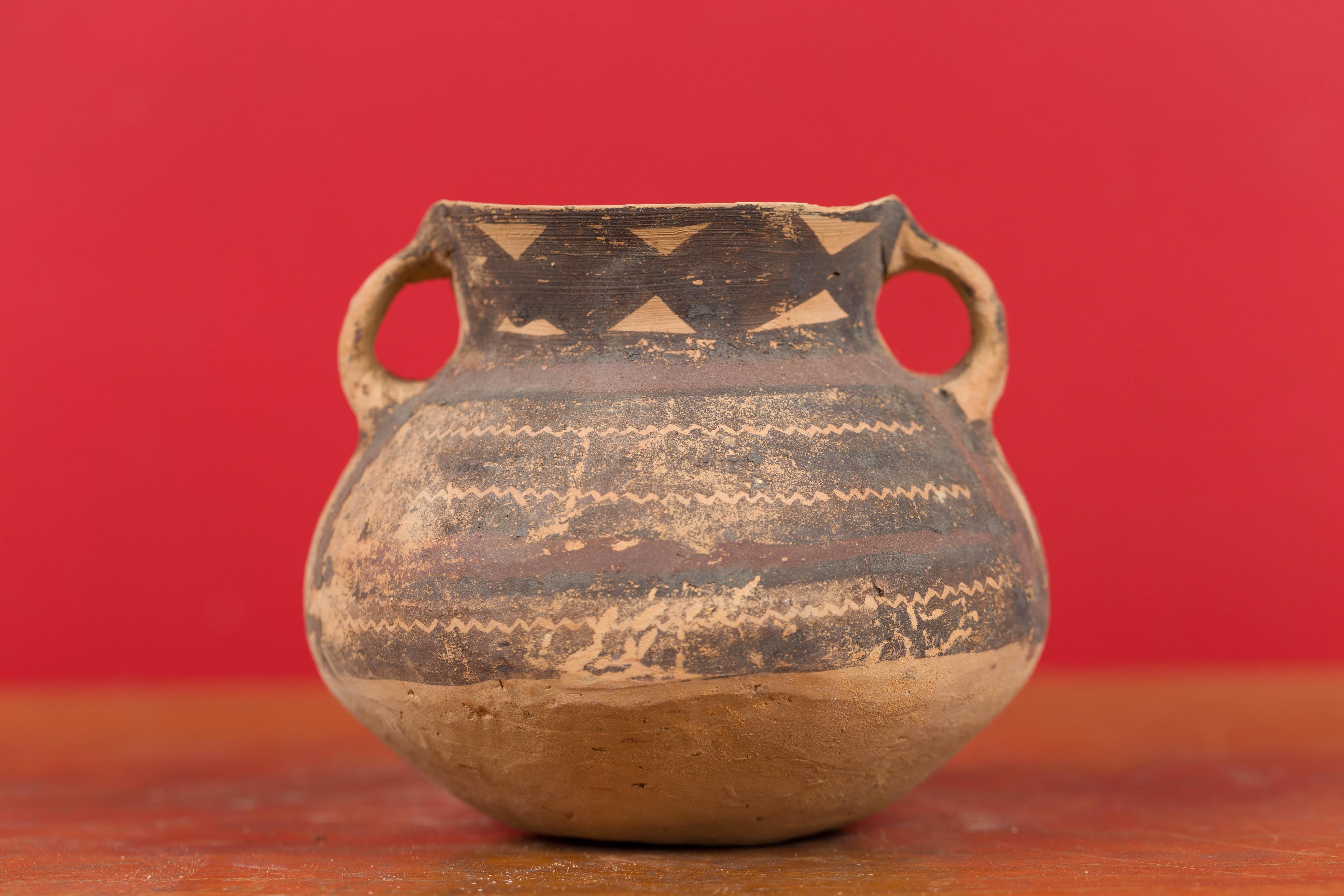 Pottery Petite Neolithic Terracotta Pot with Brown Geometric Décor and Flaring Neck For Sale