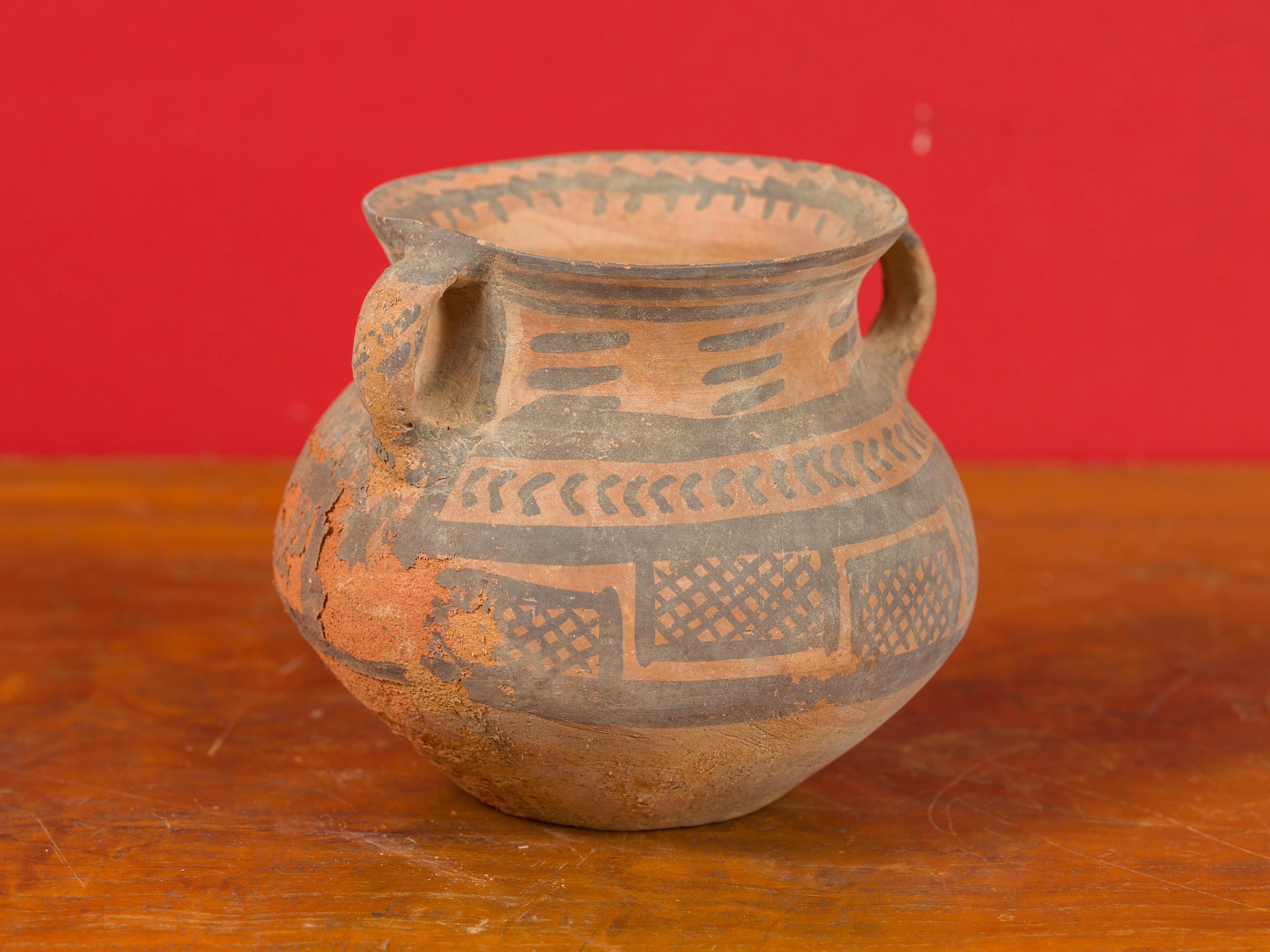 Prehistoric Petite Neolithic Terracotta Pot with Brown Geometric Decor and Lateral Handles
