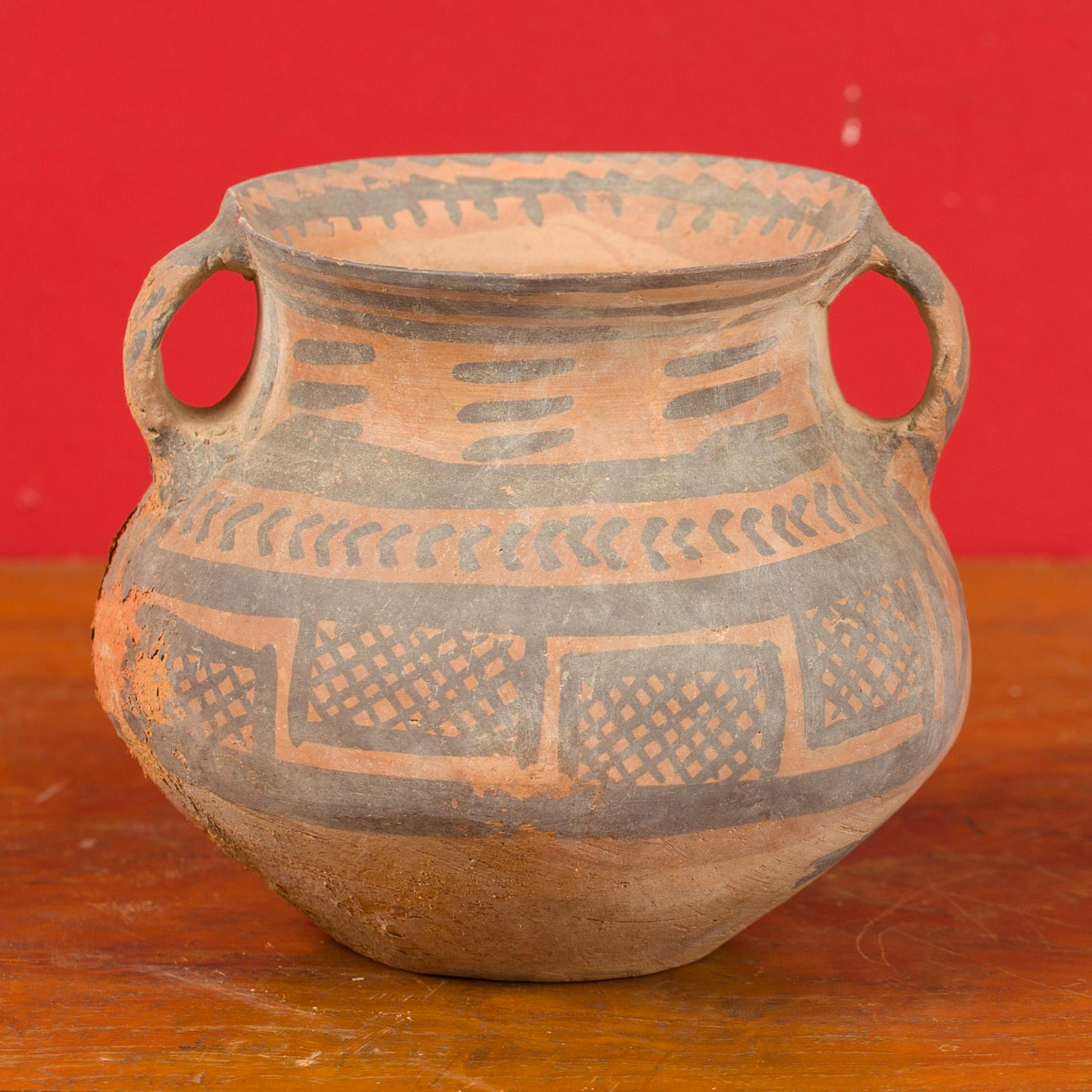 Hand-Painted Petite Neolithic Terracotta Pot with Brown Geometric Decor and Lateral Handles