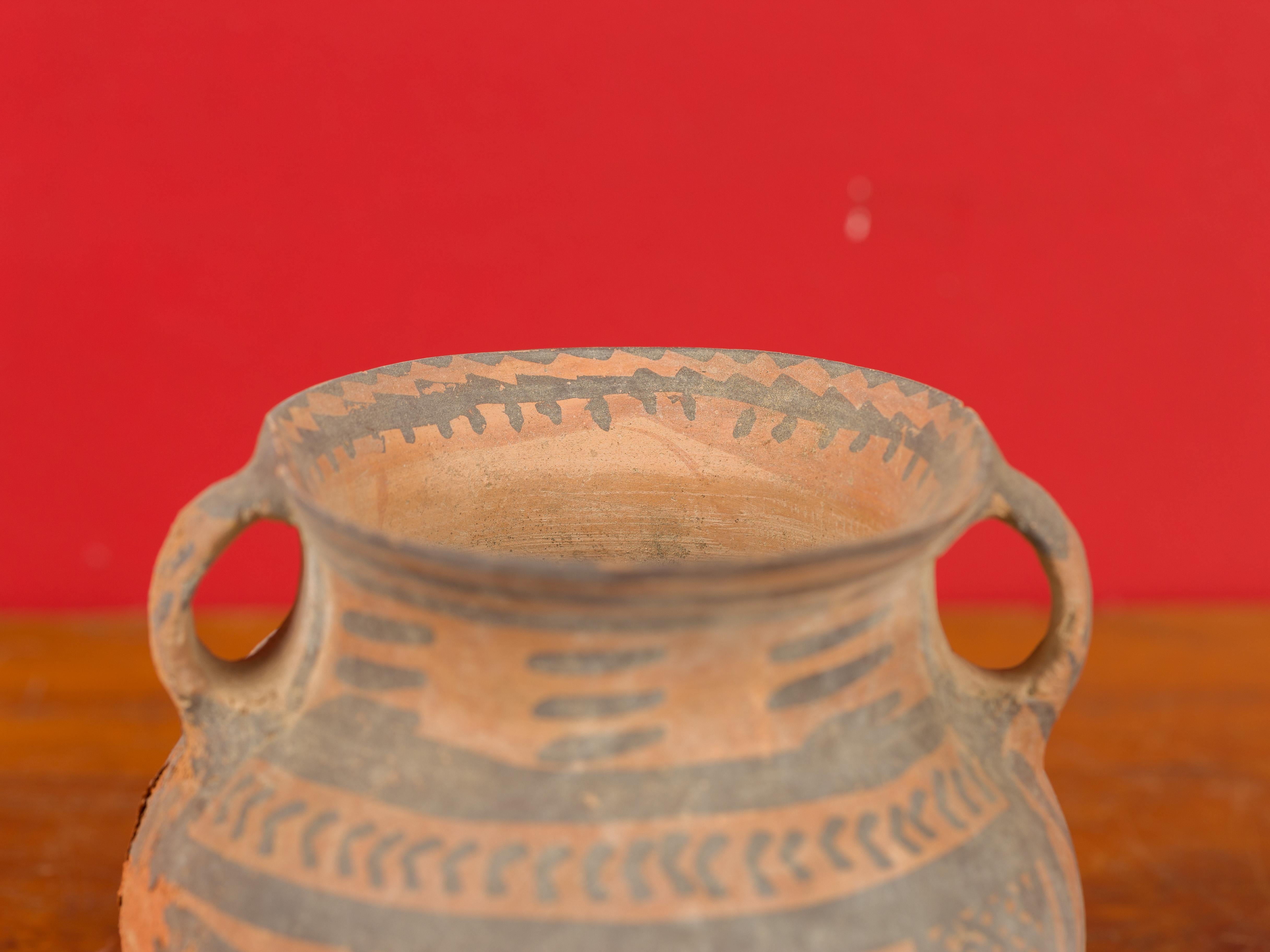 18th Century and Earlier Petite Neolithic Terracotta Pot with Brown Geometric Decor and Lateral Handles