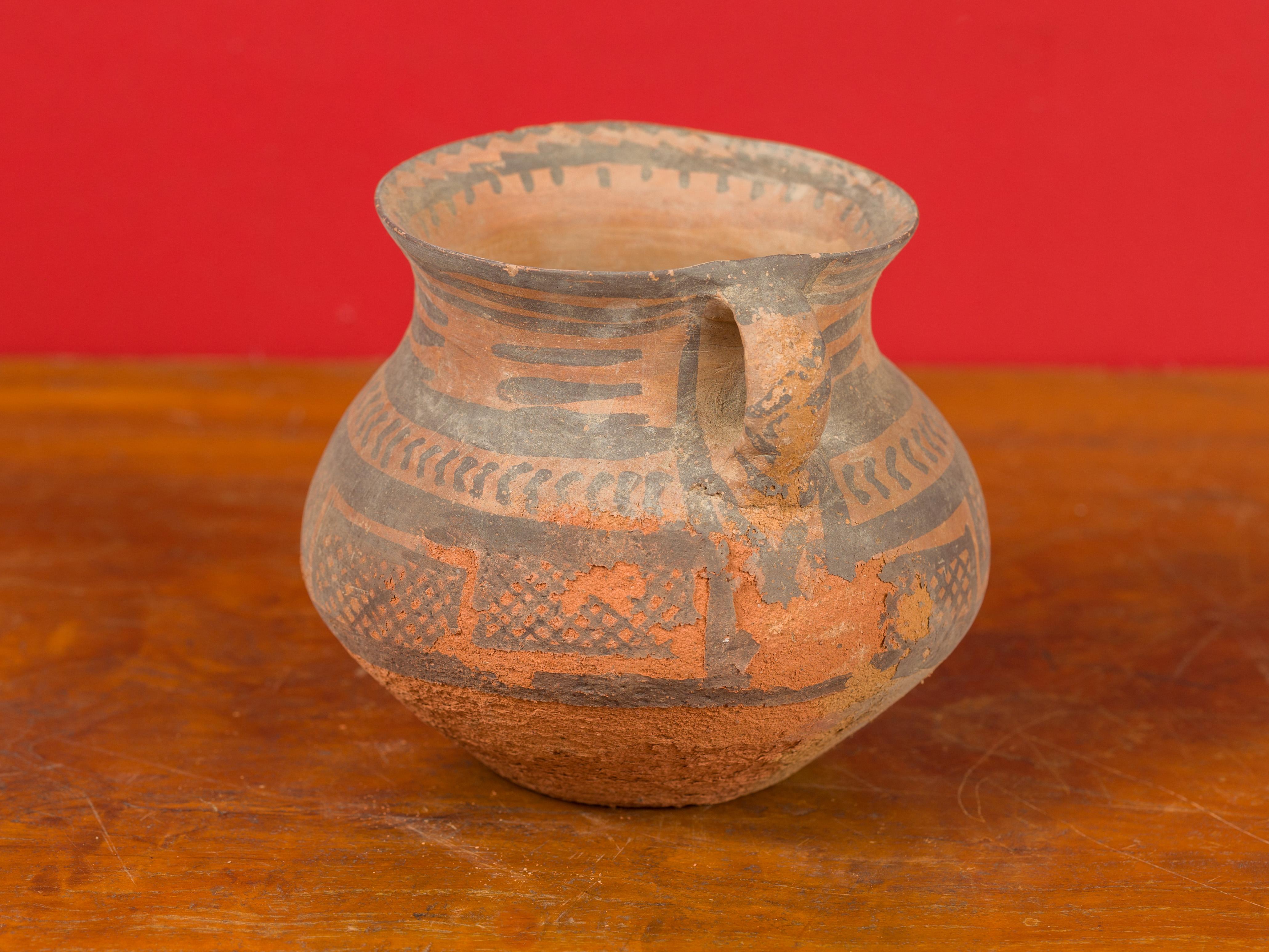 Petite Neolithic Terracotta Pot with Brown Geometric Decor and Lateral Handles 2