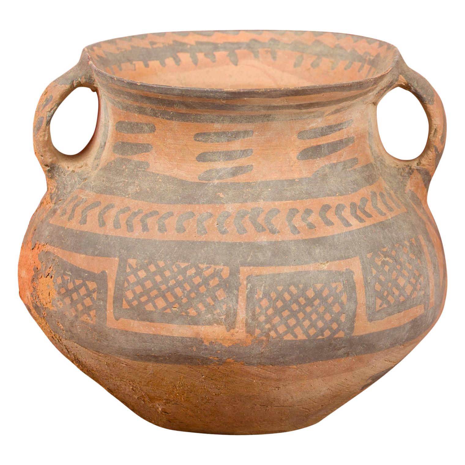 Petite Neolithic Terracotta Pot with Brown Geometric Decor and Lateral Handles