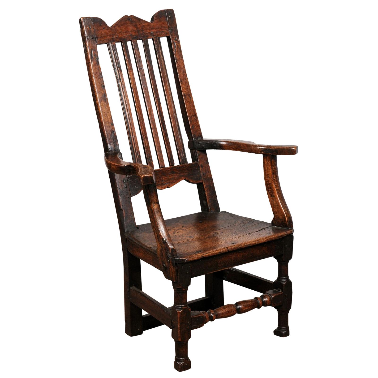 Petite Oak Arm Chair with Turned Stretcher, England, 18th Century For Sale