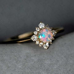 Petite Opal Diamond Halo Engagement Ring 14K Yellow Gold
