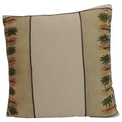 Antique Petite Orange and Green Embroidered Linen Square Decorative Pillow