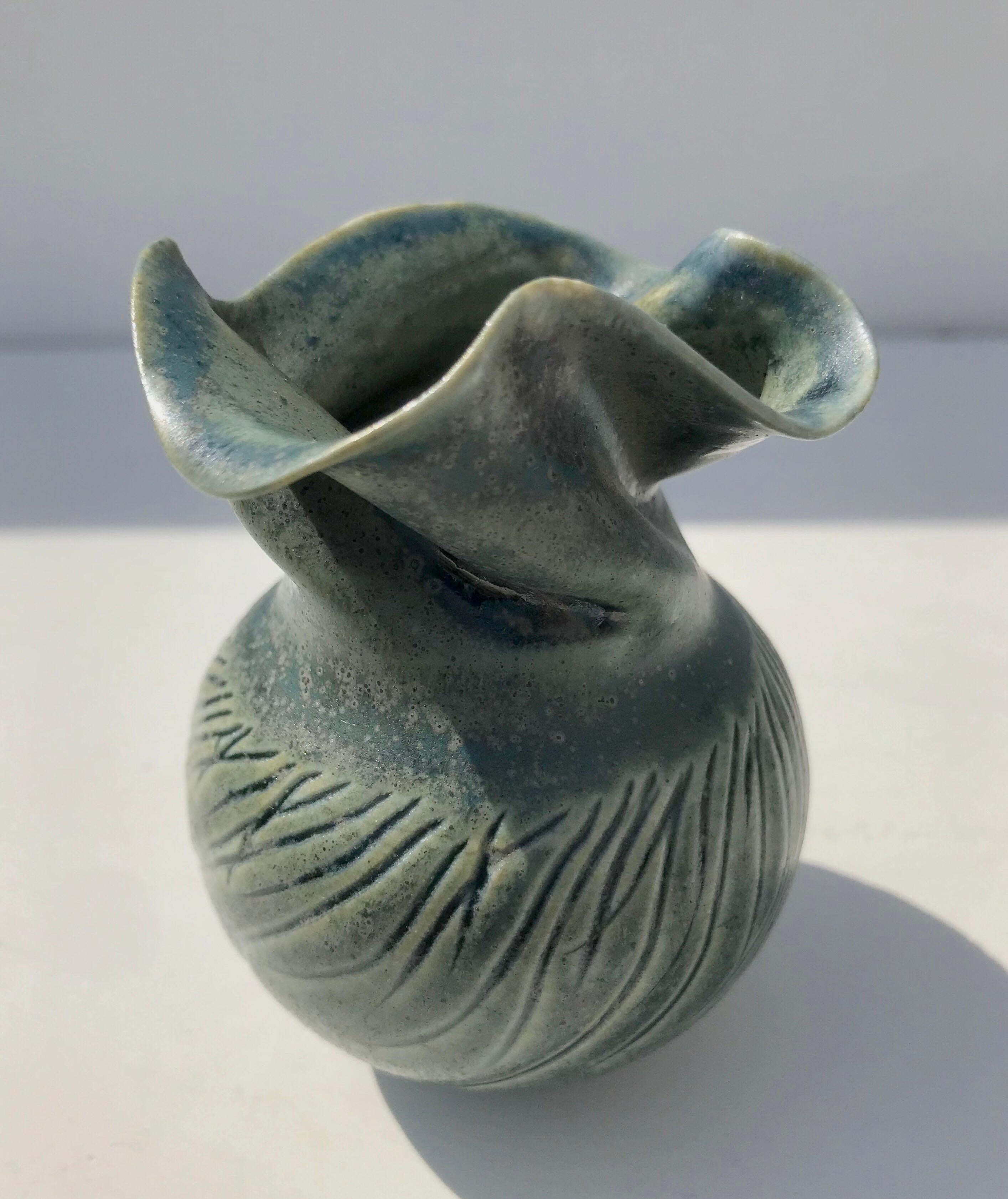 Turned Petite Organic Modern Celadon Vase For Sale