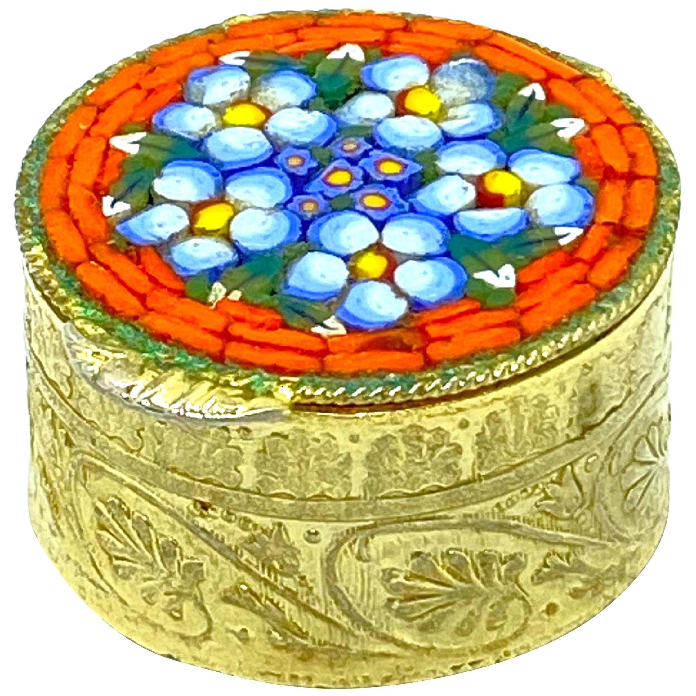 Petite Ormolu Micro Mosaic Pill Box Millefiori Venice Italy, Vintage