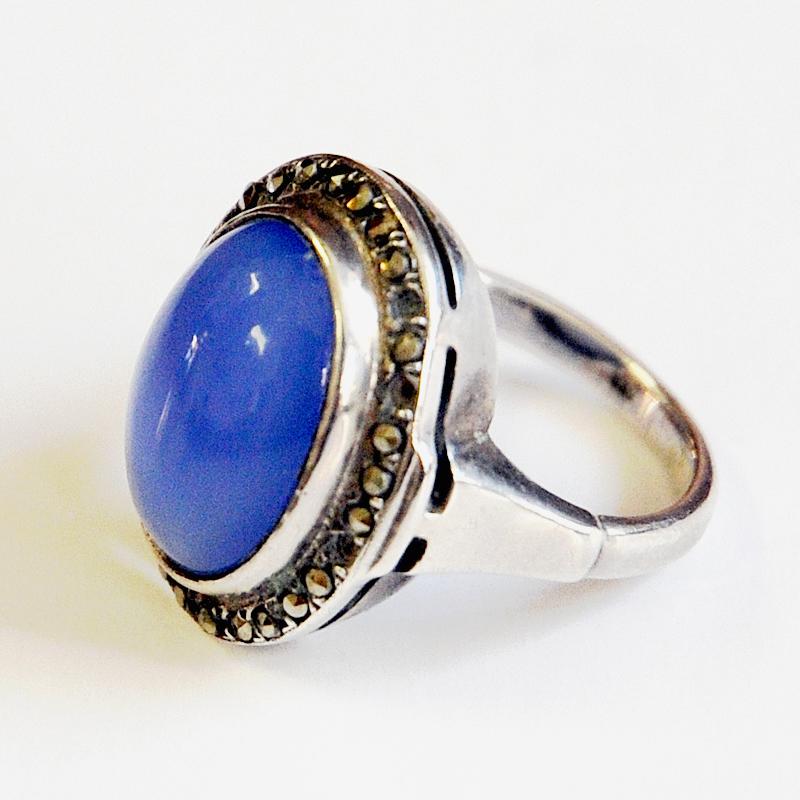 Petite Oval Blue Stone Decorated Silvering 1950s Scandinavia In Good Condition In Stockholm, SE