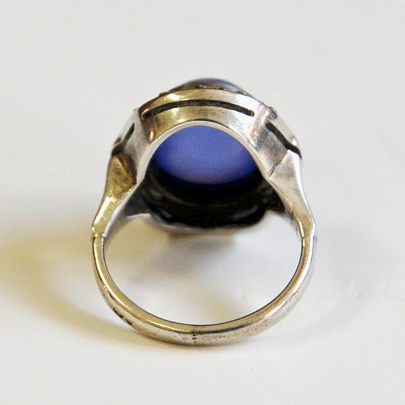 Mid-20th Century Petite Oval Blue Stone Decorated Silvering 1950s Scandinavia