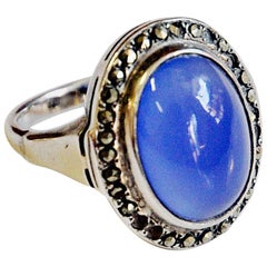 Petite Oval Blue Stone Decorated Silvering 1950s Scandinavia