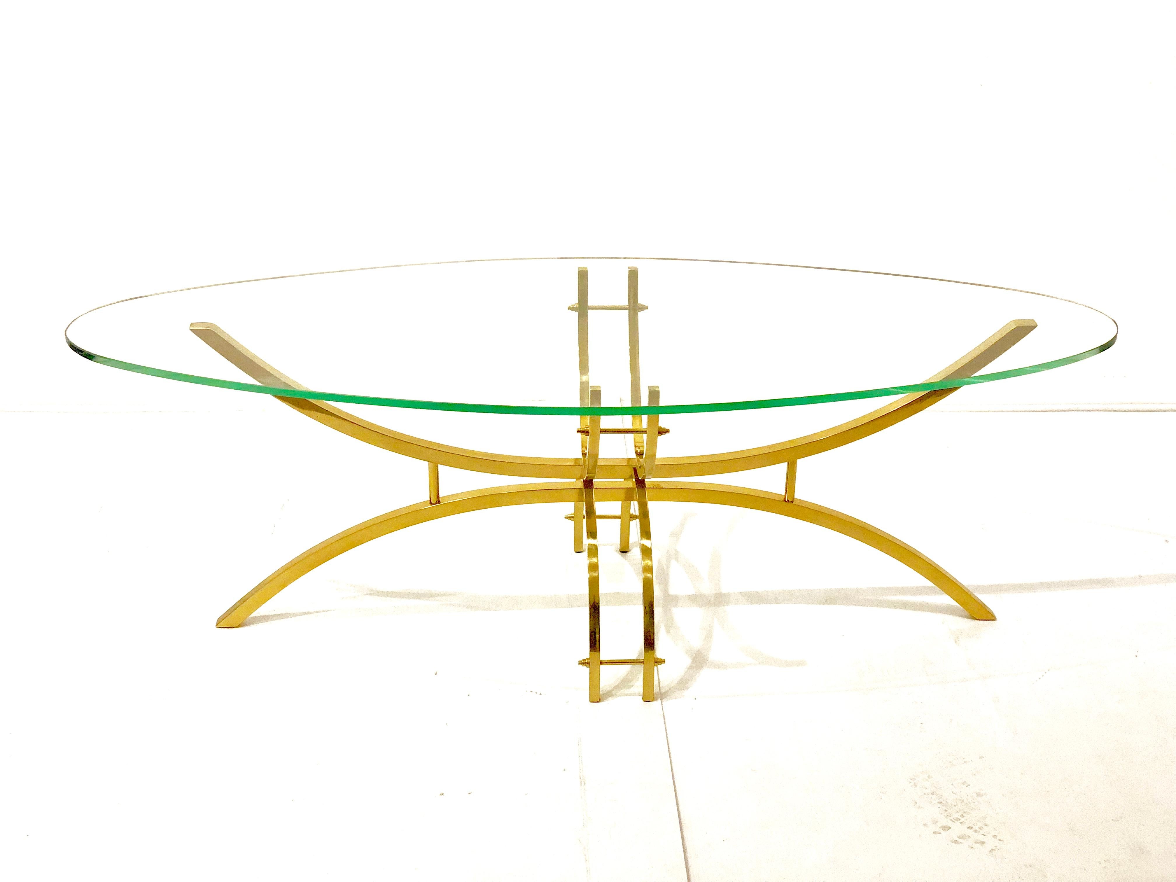 Italian Petite Oval Brass and Glass Coffee Table