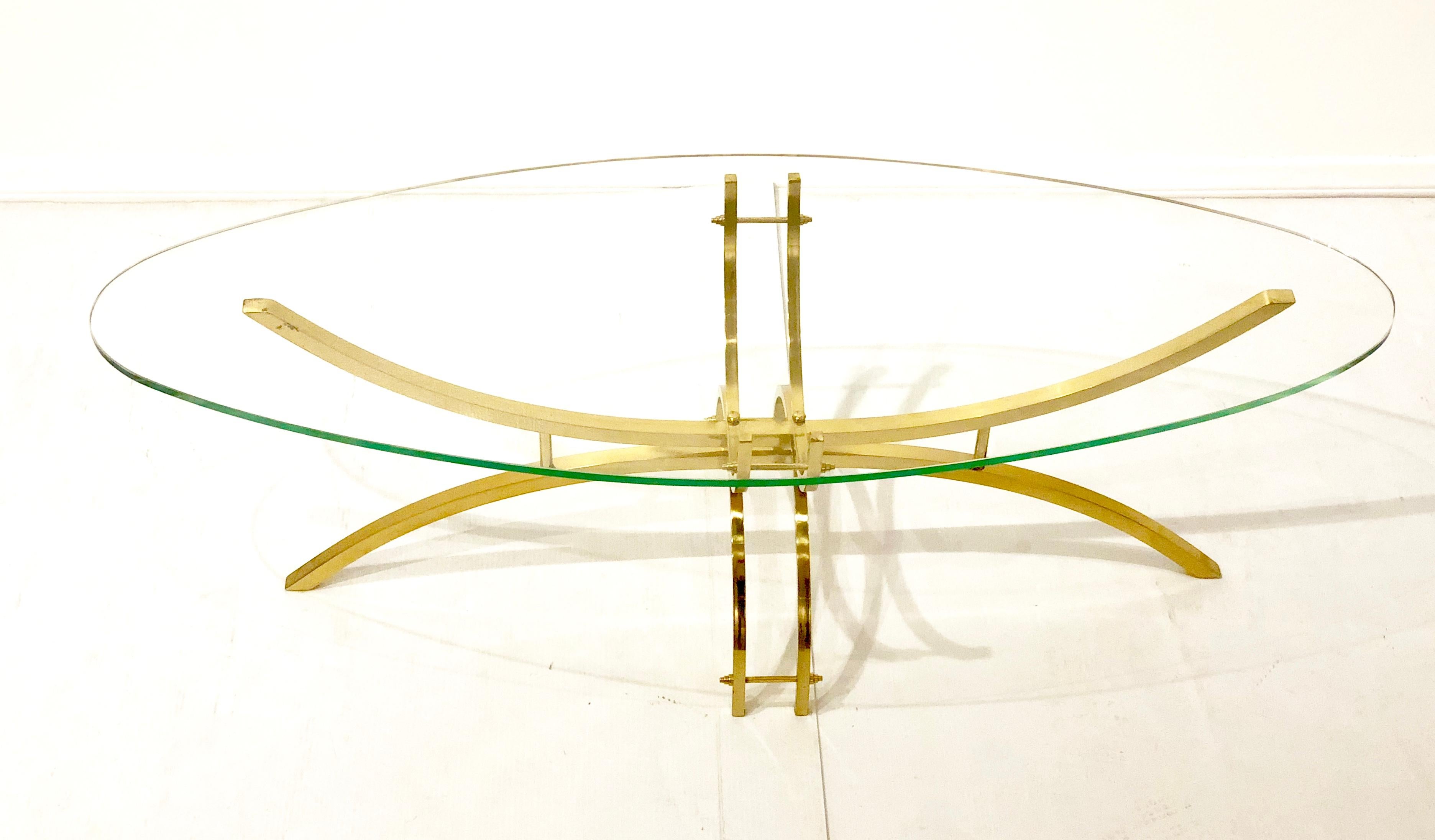 Petite Oval Brass and Glass Coffee Table In Excellent Condition In San Diego, CA