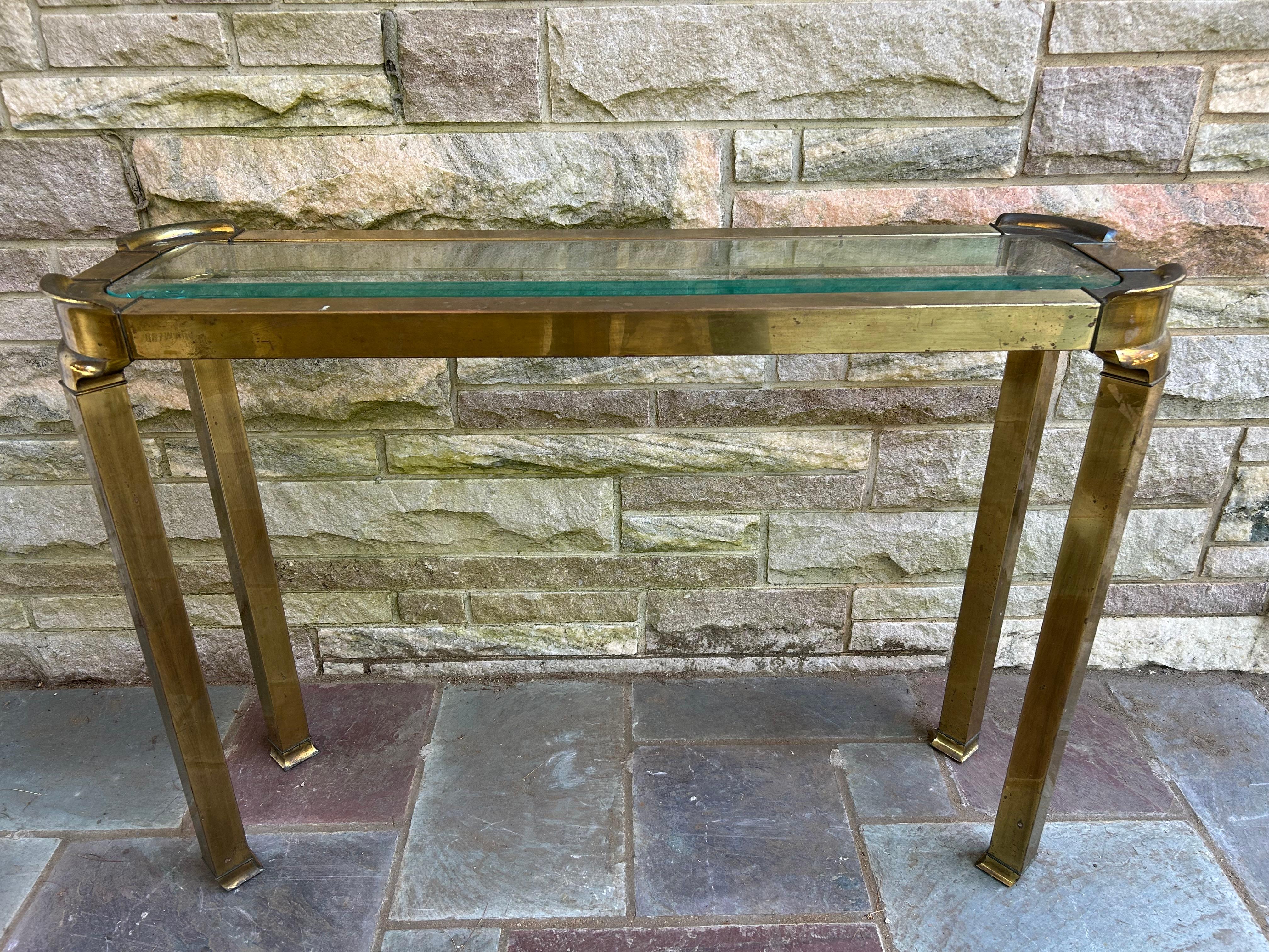 Charming pair Asian style Mastercraft  brass console tables.  These are the most darling pair of solid brass console tables in an unusual petite size-30
