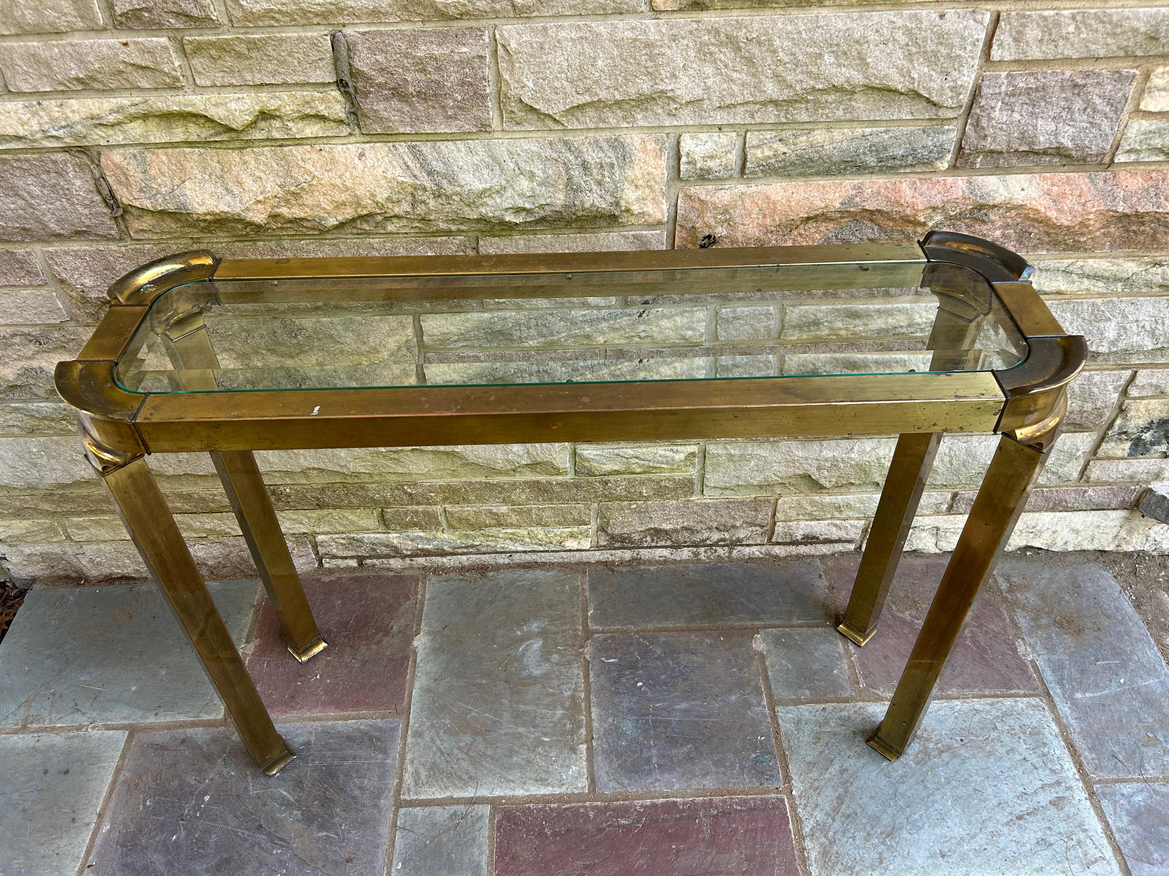 American Petite Pair Asian style Mastercraft Brass Console Table Hollywood Regency For Sale