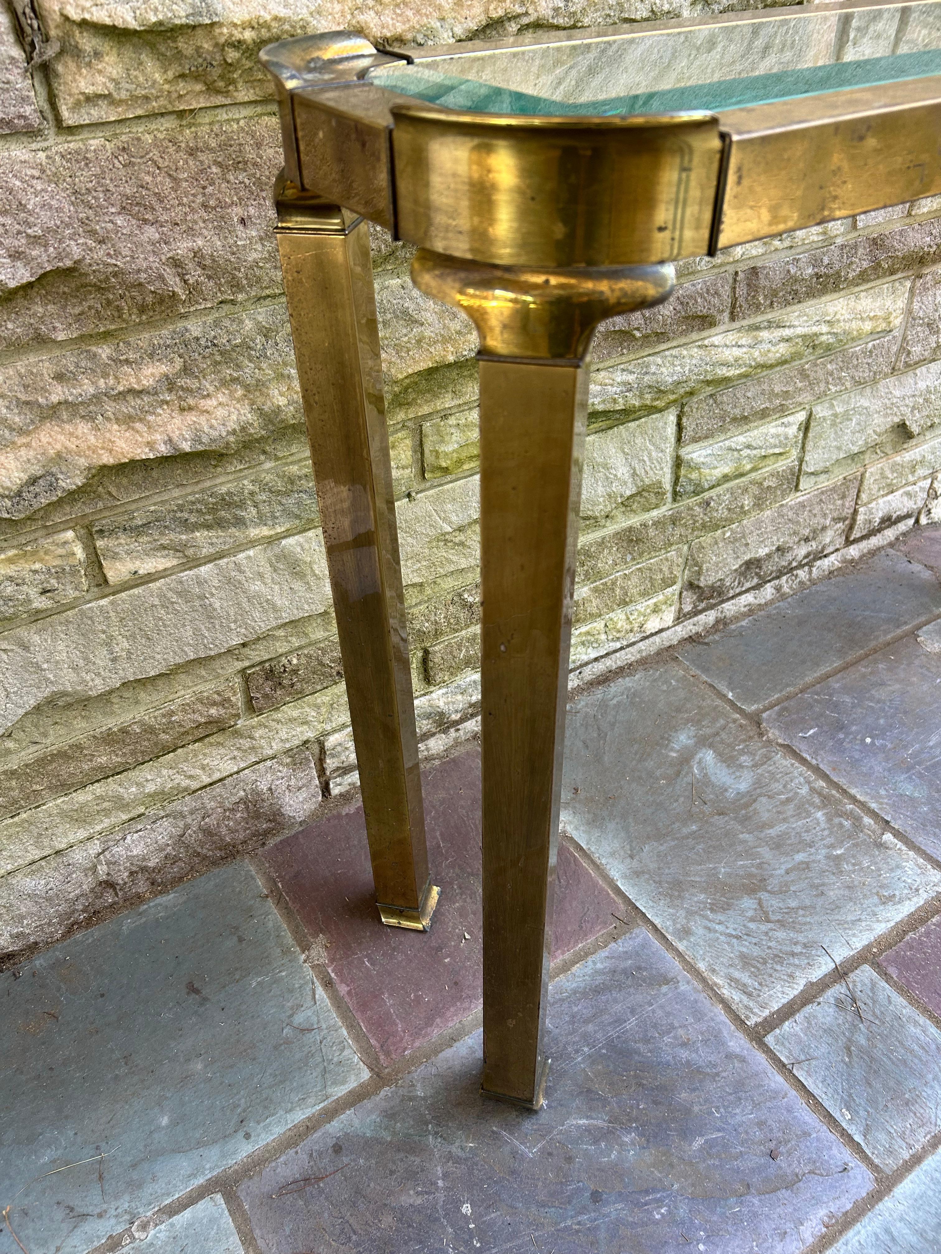 Late 20th Century Petite Pair Asian style Mastercraft Brass Console Table Hollywood Regency For Sale