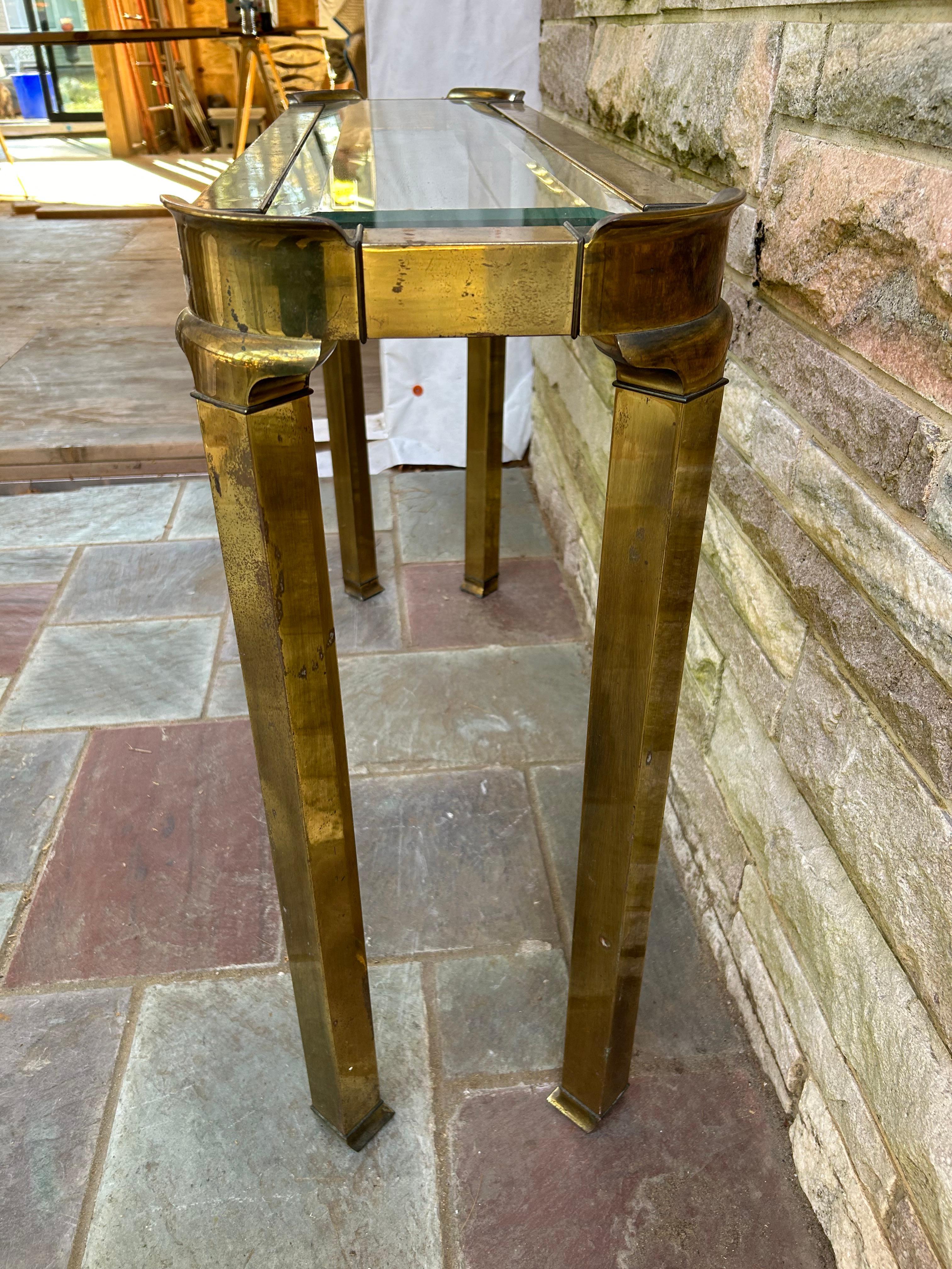 Petite Pair Asian style Mastercraft Brass Console Table Hollywood Regency For Sale 3