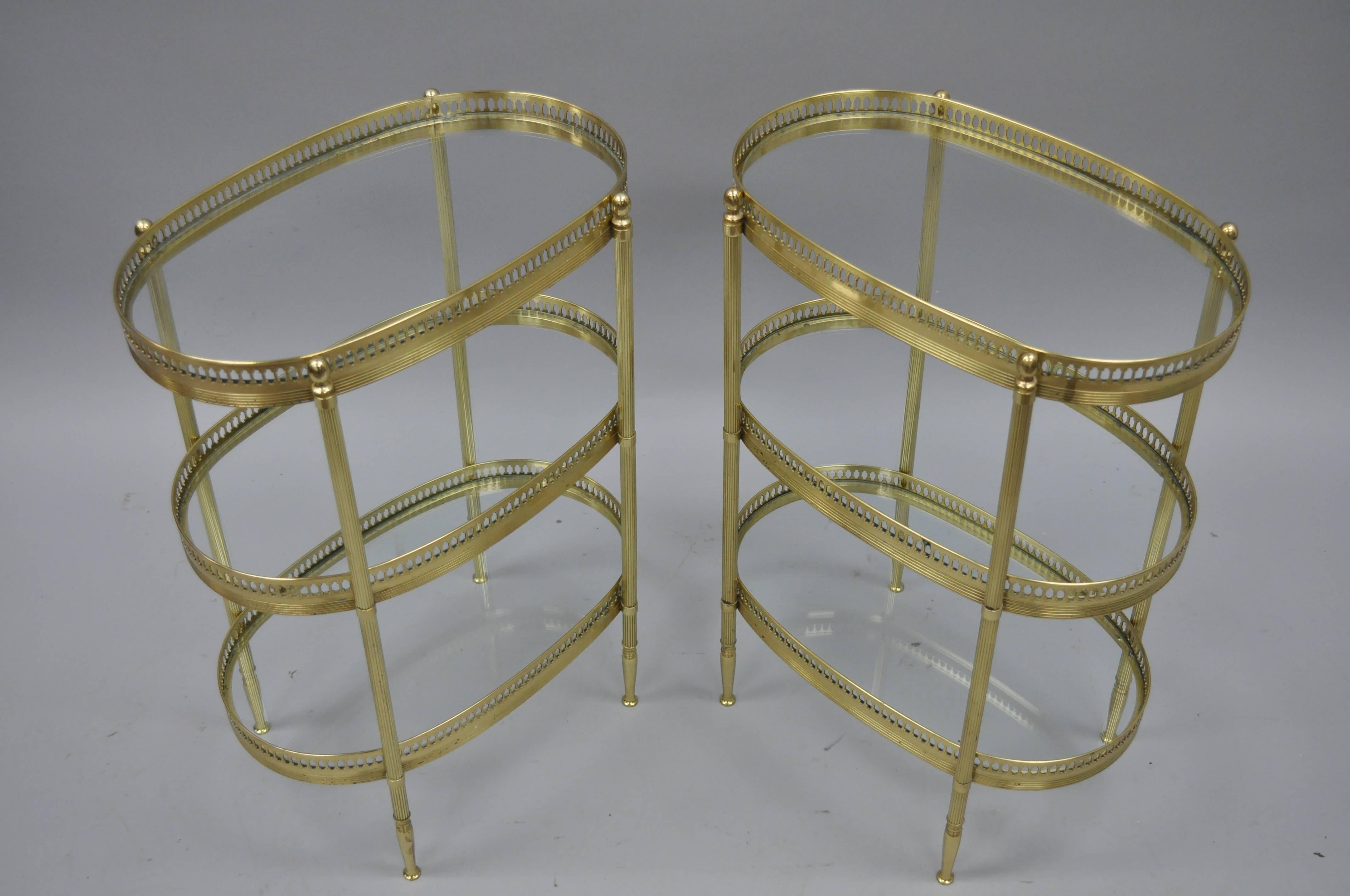 Petite Pair French Oval Brass Three-Tiered Small Side Tables after Maison Jansen 6