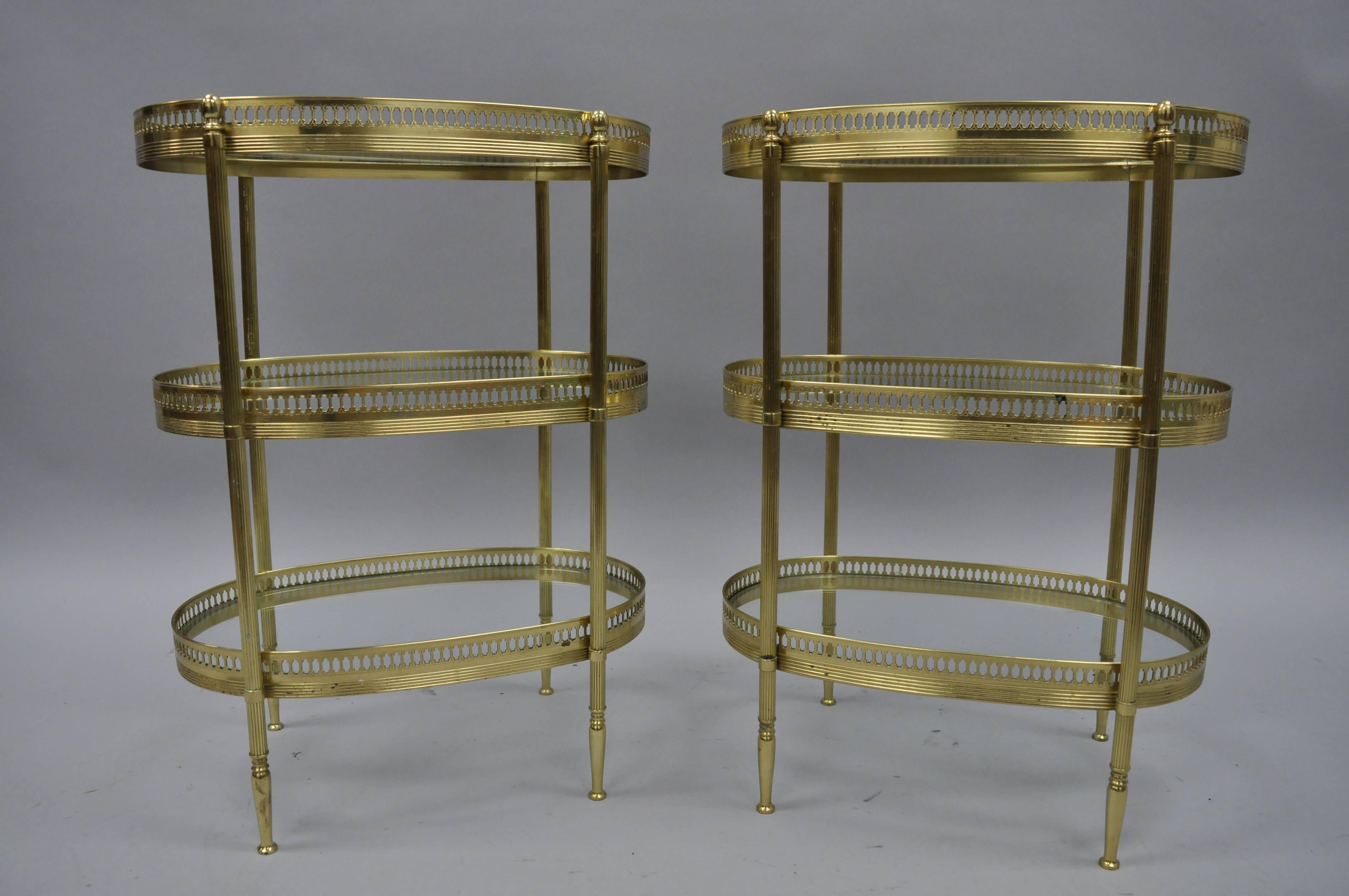 Petite Pair French Oval Brass Three-Tiered Small Side Tables after Maison Jansen 7