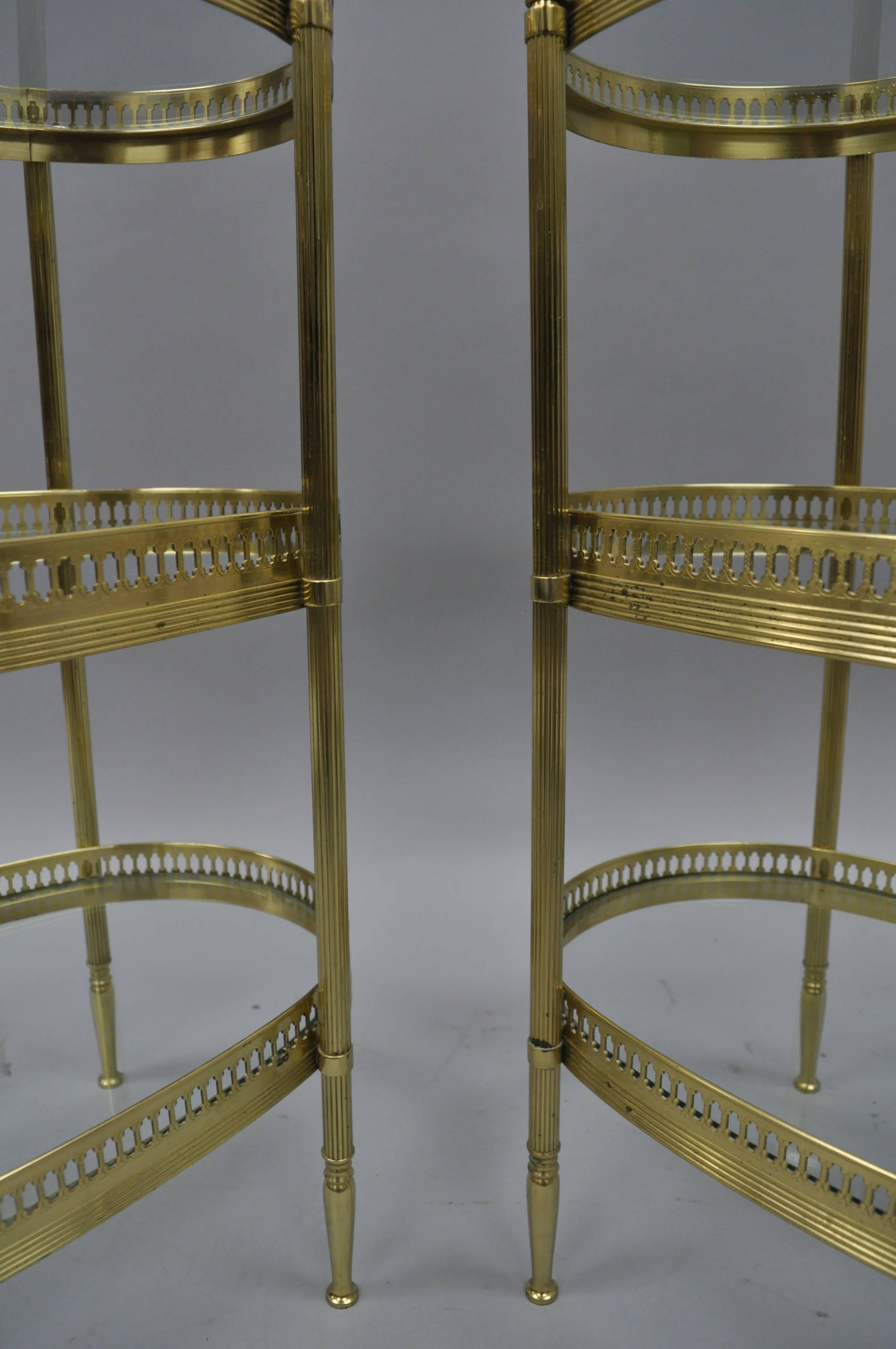 Petite Pair French Oval Brass Three-Tiered Small Side Tables after Maison Jansen In Good Condition In Philadelphia, PA