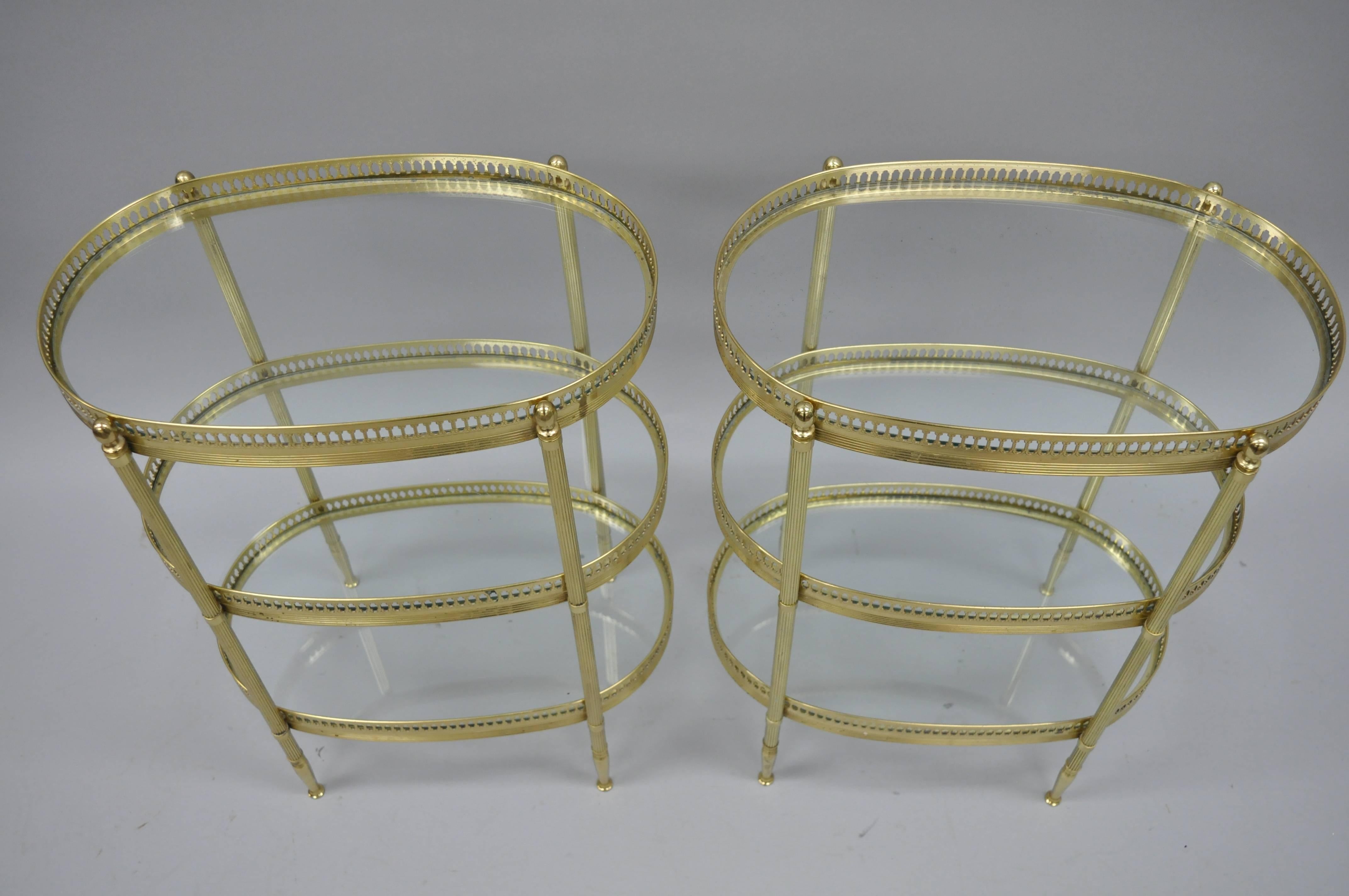 Petite Pair French Oval Brass Three-Tiered Small Side Tables after Maison Jansen 1