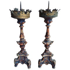 Petite Pair of 18th Century Footed French Candle Prickets with Metal Crown Tops