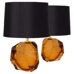 Petite Pair of Amber Faceted Murano Glass Table Lamps