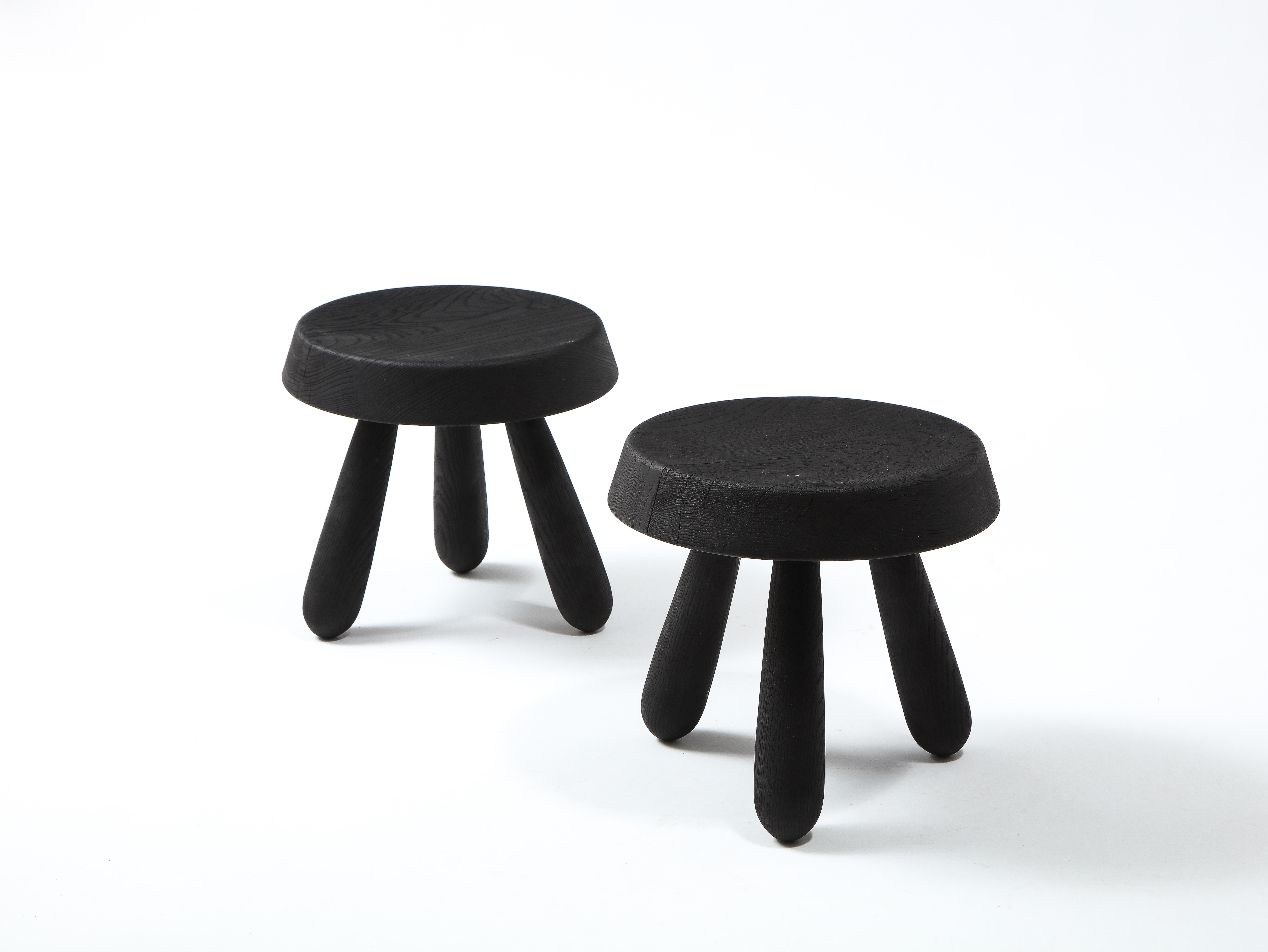 Petite Pair of Burnt Oak Tripod Stools by Douglas Mont for Facto Atelier Paris In New Condition For Sale In Chicago, IL