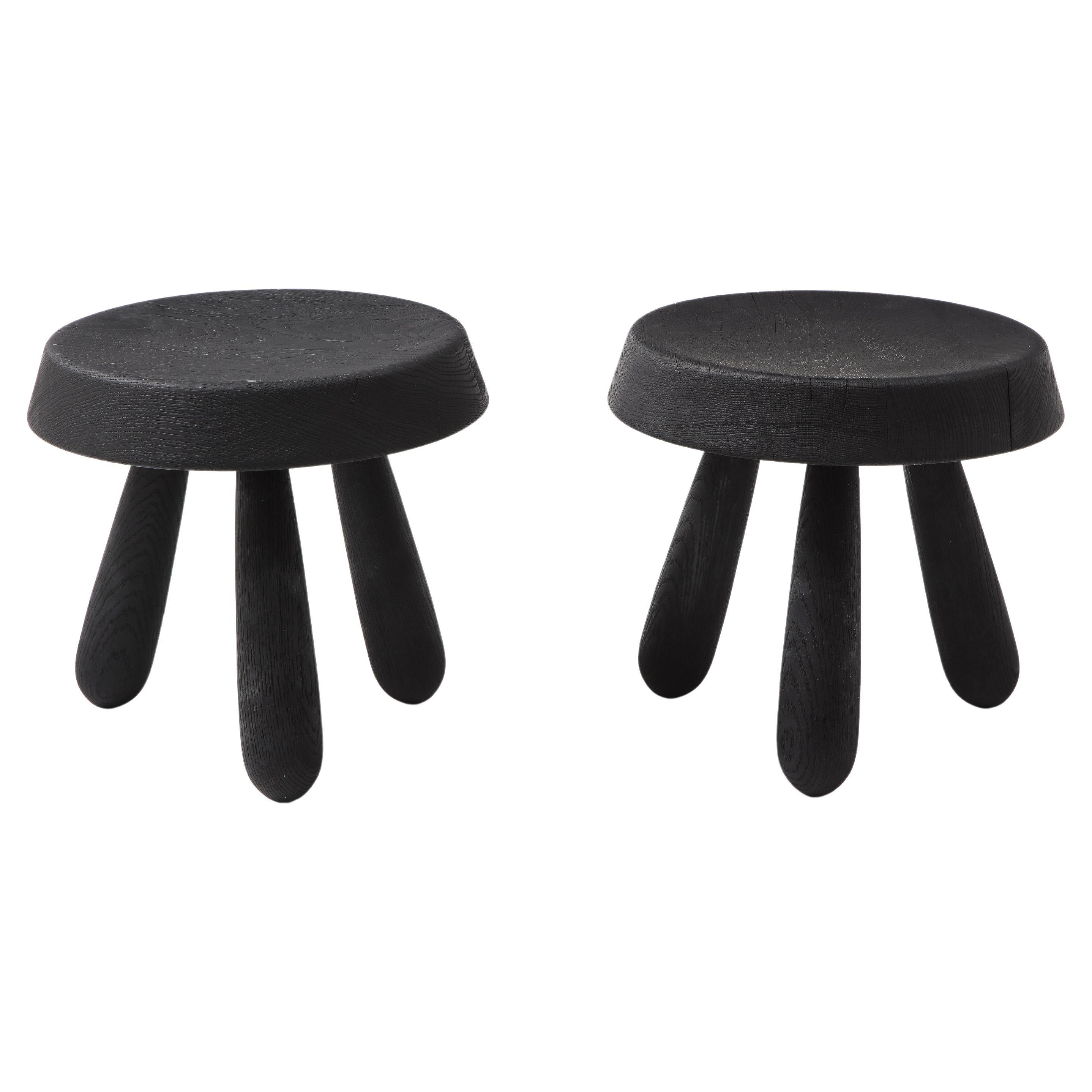 Petite Pair of Burnt Oak Tripod Stools by Douglas Mont for Facto Atelier Paris