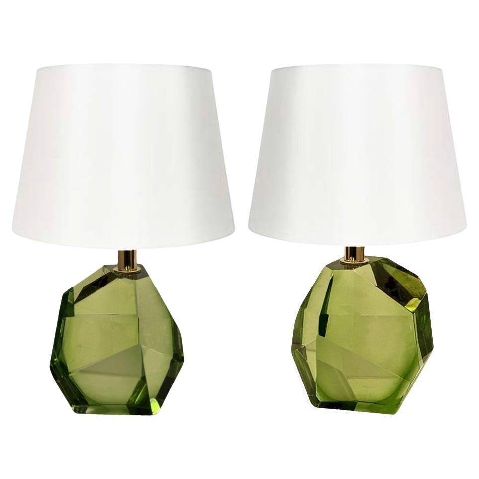 Petite Pair of Green Faceted Murano Glass Table Lamps