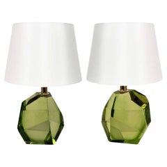 Petite Pair of Green Faceted Murano Glass Table Lamps