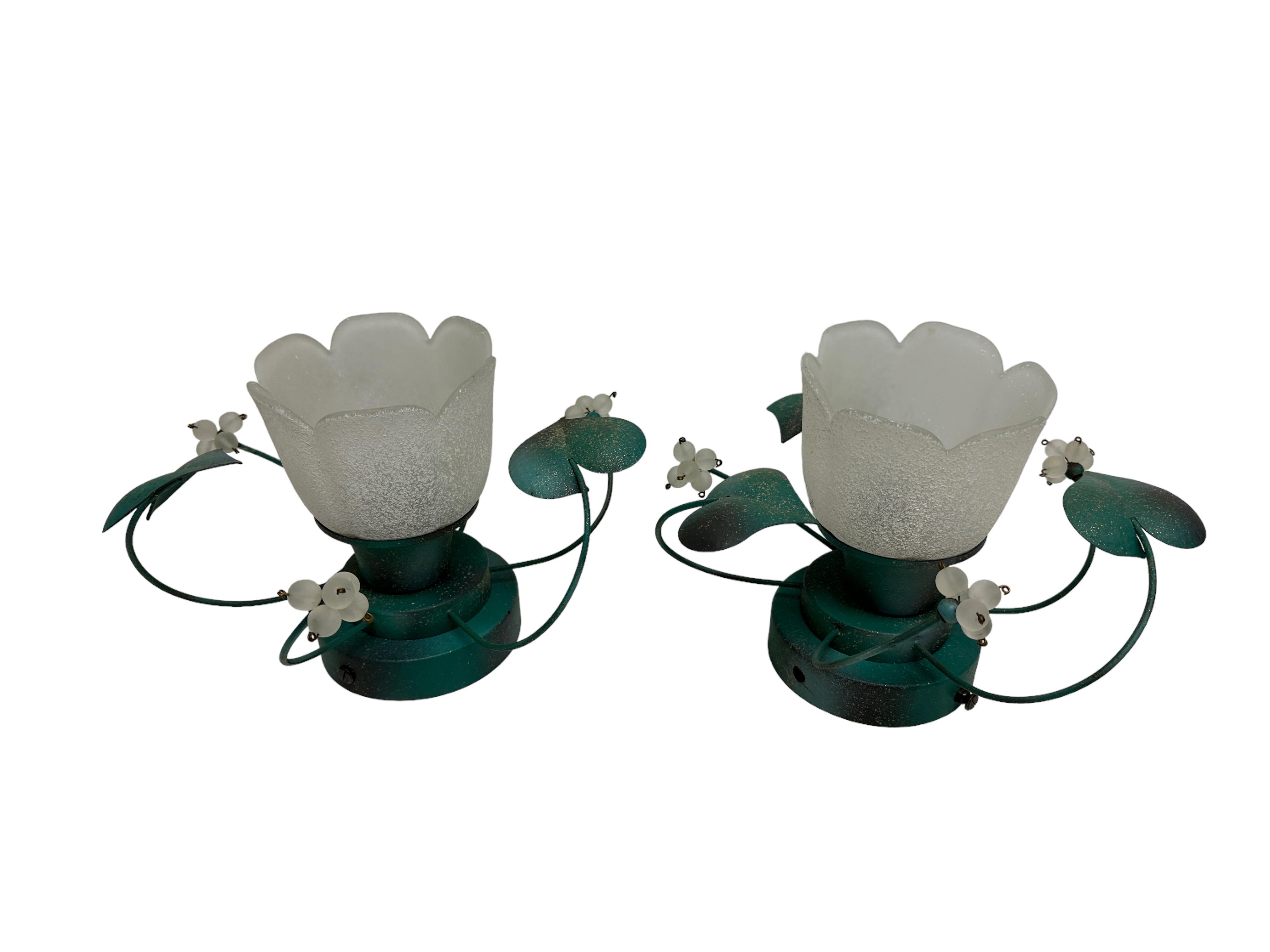 Late 20th Century Petite Pair of Florentine Flower and Leaf Flush Mount Vintage, Italy, 1980s