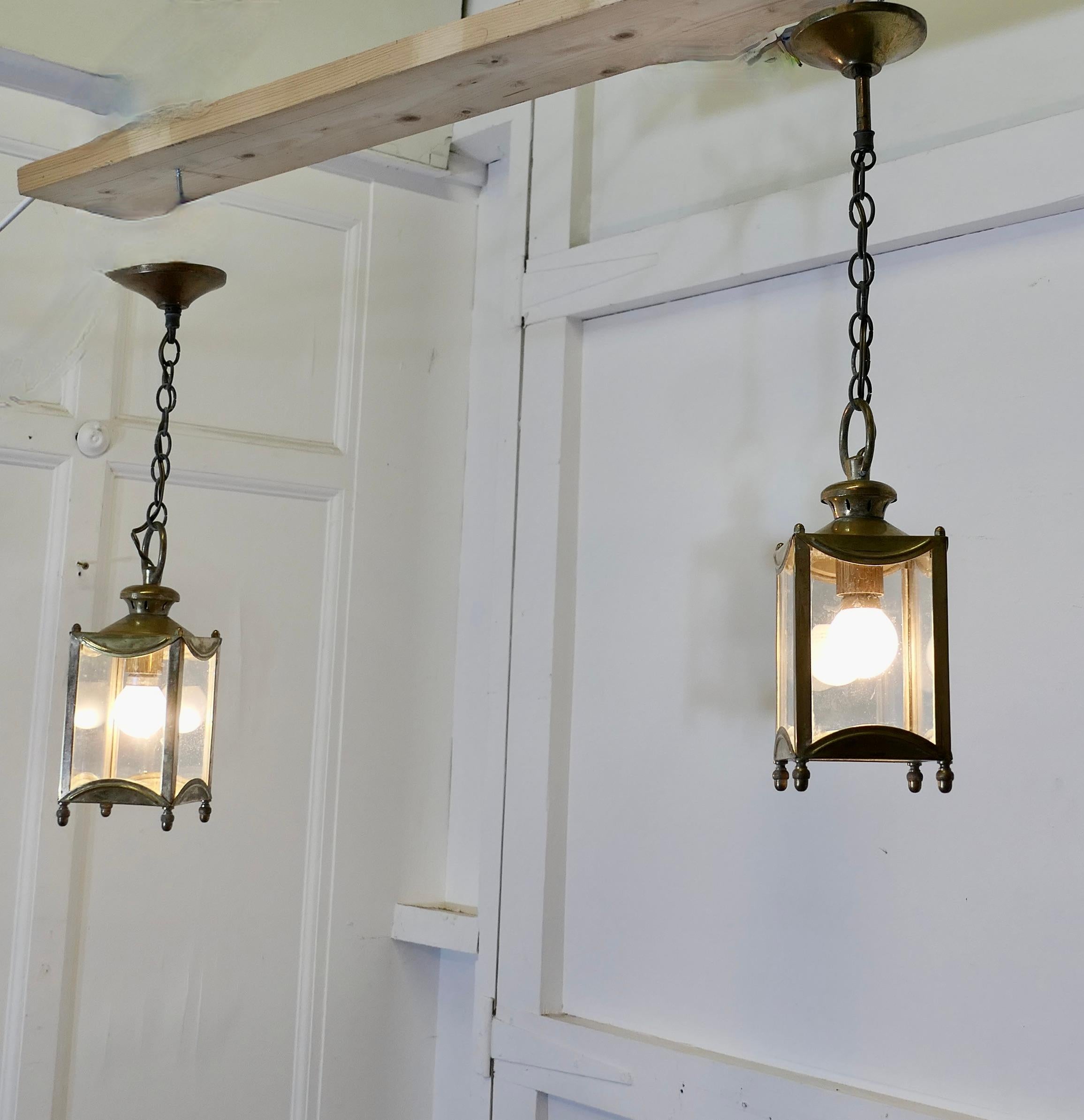 Art Deco Petite Pair of French Brass and Glass Hall Lantern Lights  This is a lovely pair For Sale