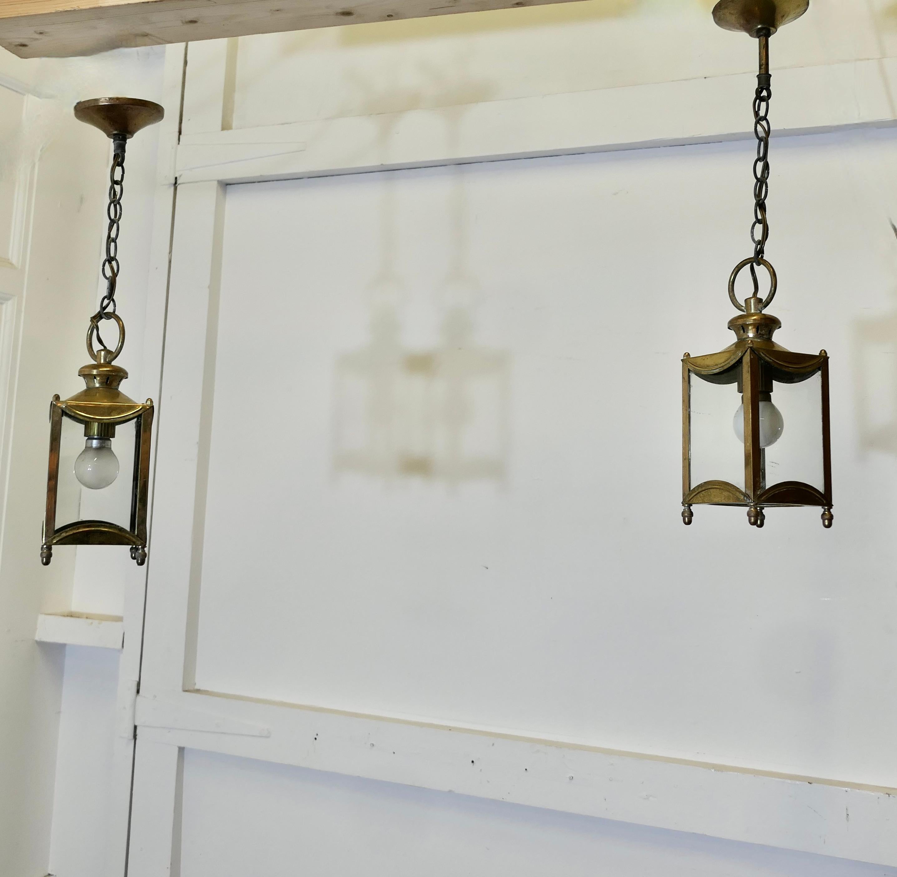 Petite Pair of French Brass and Glass Hall Lantern Lights  This is a lovely pair For Sale 2