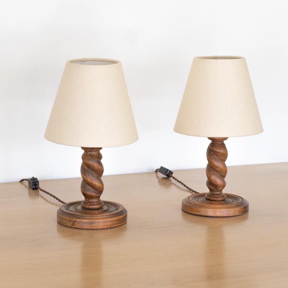 Linen Petite Pair of French Carved Wood Lamps For Sale