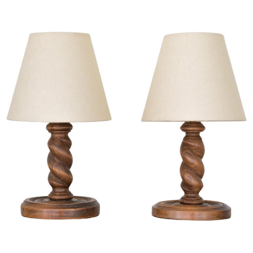 Petite Pair of French Carved Wood Lamps For Sale