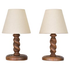 Retro Petite Pair of French Carved Wood Lamps