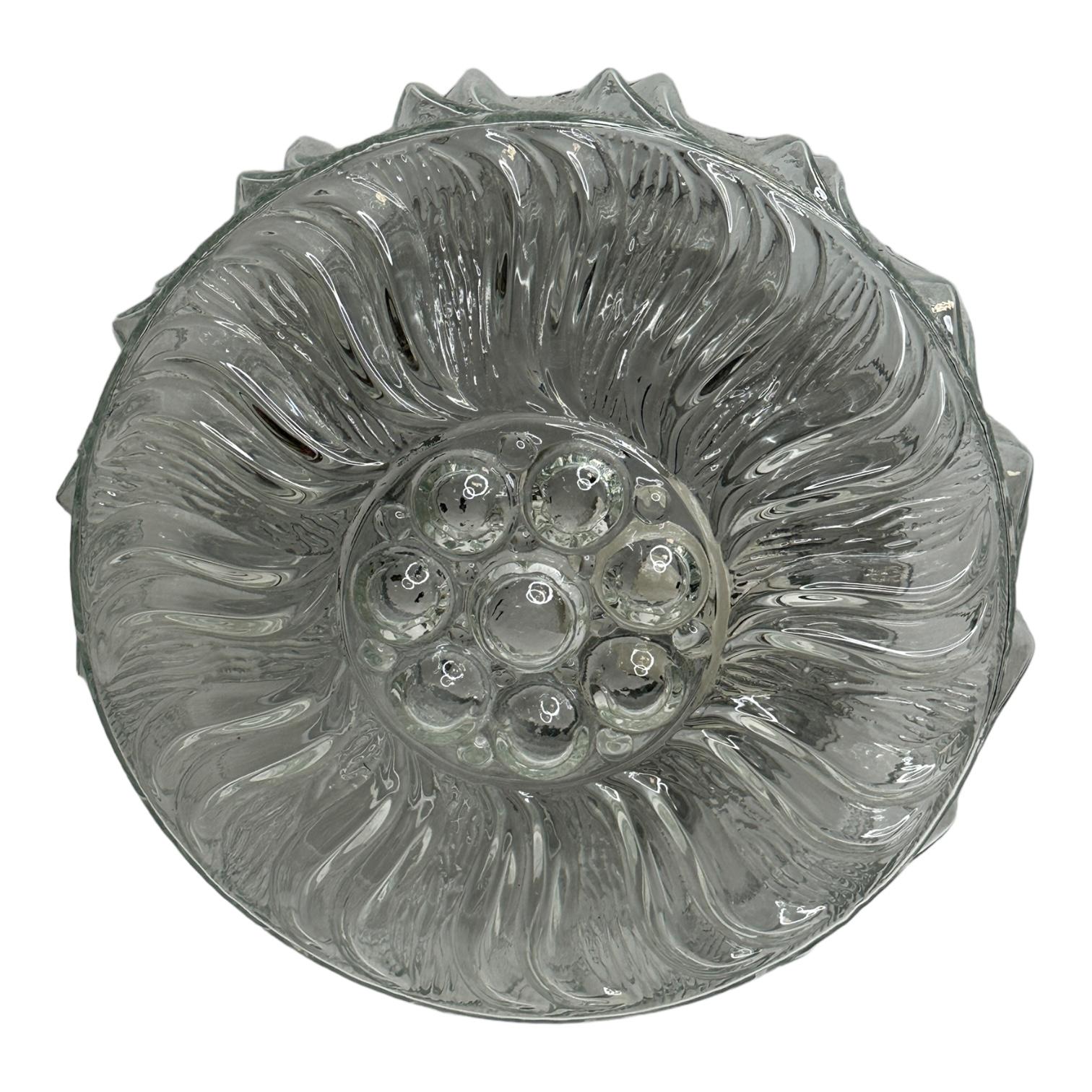 Mid-Century Modern 1 of 2 clear Glass Sunflower Pattern Circular Flush Mount Ceiling Light, 1970s For Sale