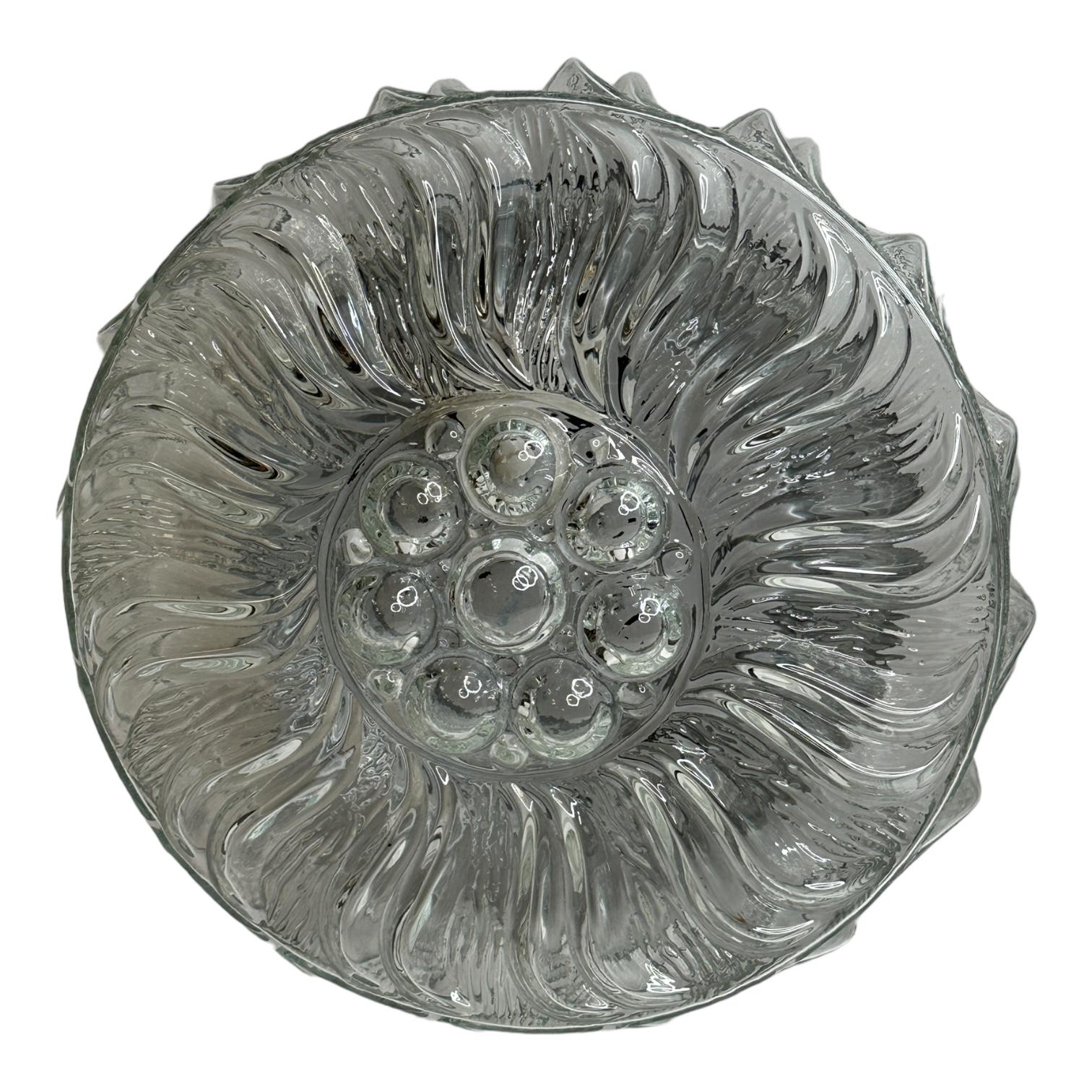 Austrian 1 of 2 clear Glass Sunflower Pattern Circular Flush Mount Ceiling Light, 1970s For Sale